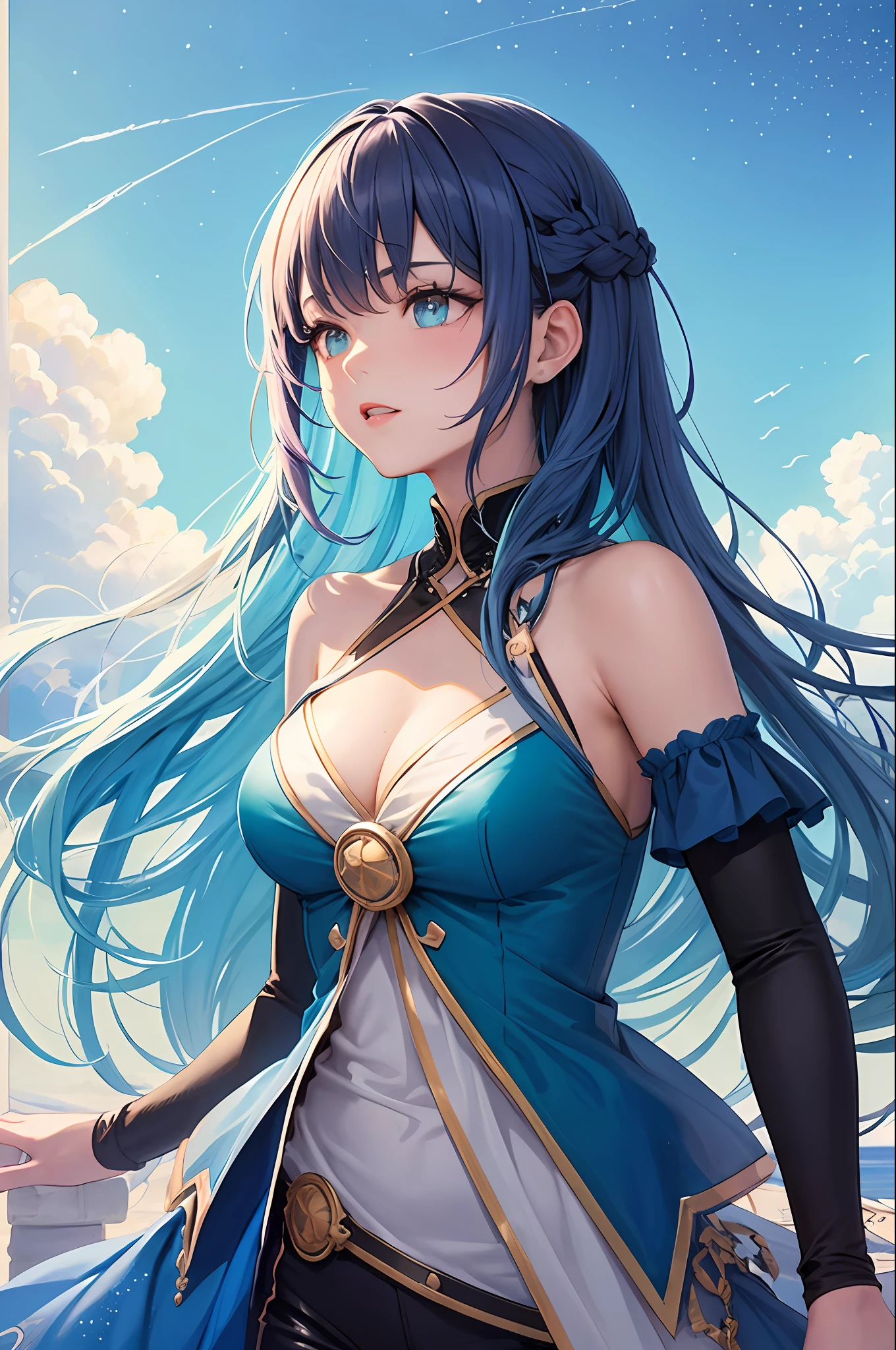 (The Masterpiece,premier quality,best qualityt,watercolors(Curly),officlal art,Beauty and aesthetics:1.2),(1girl:1.3),(s fractal art:1.3),upper-body,Look at the audience head-on,pattern,(rainbow colored hair,Colored hair,Half blue and half pink hair:1.2),aqua,liquids,the clouds,colorful,Starry,As estrelas,