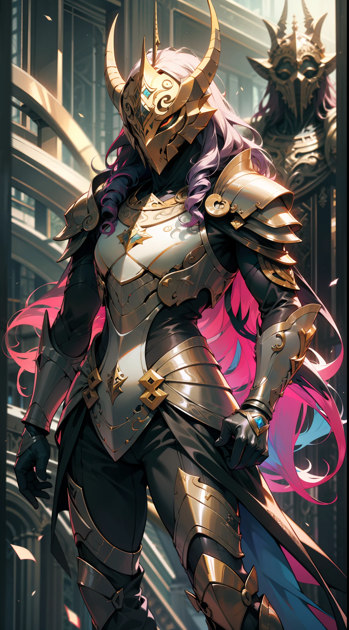 um homem de corpo inteiro, wildly rainbow colored long curly hair, fantasia sombria, armadura de cor azul, standing up, um fundo de masmorra medieval de fantasia escura