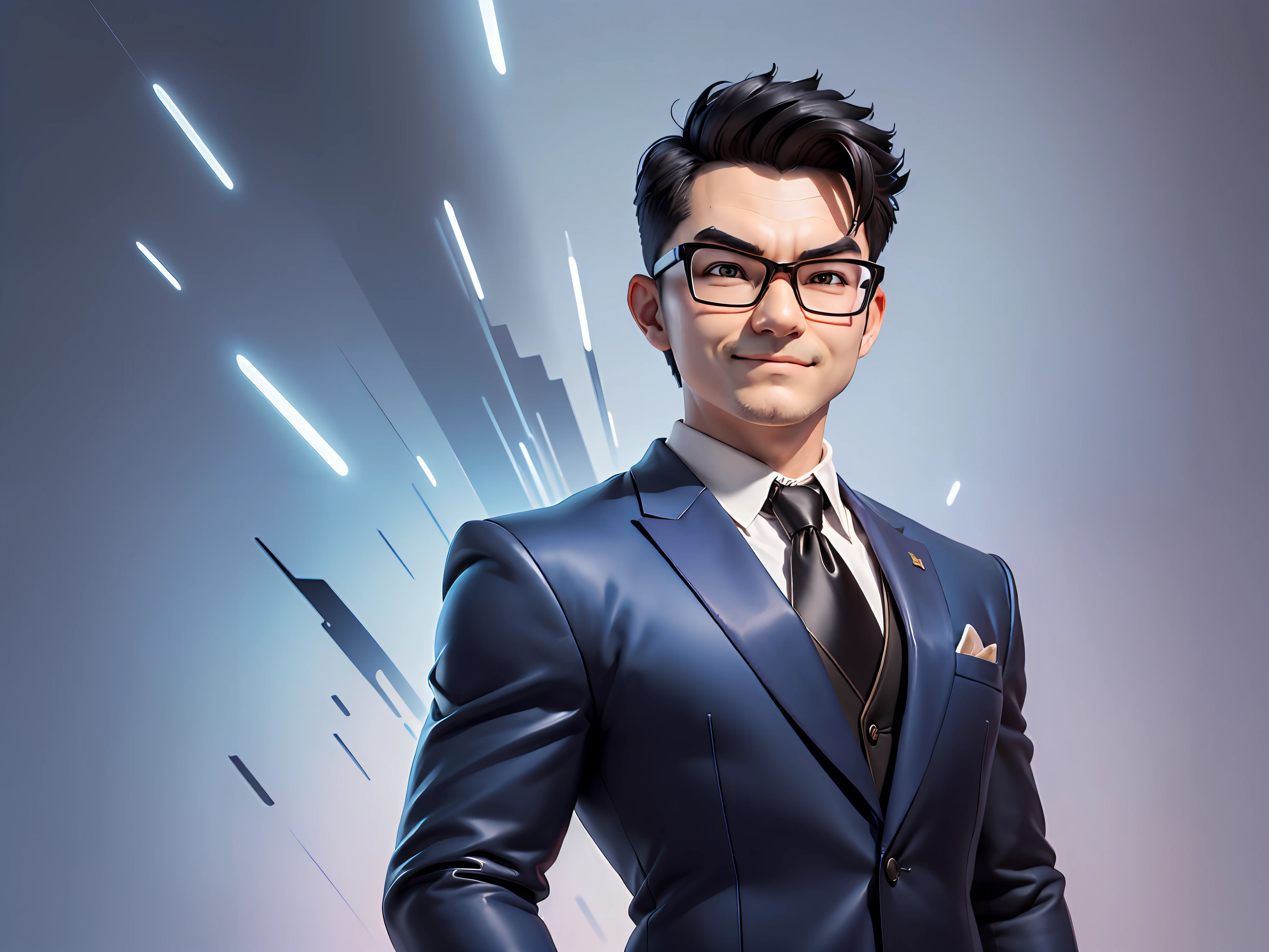 (((Masterpiece), (Excellent), (Super Meticulous), (Full Body: 1.2), Super Young Man, Oriental Face, Japanese Wind and Thunder God, Dragon, Tiger, TV Anchor, Bust Portrait Illustration, Alone, Black Formal Suit, Blue Tie, Slightly Chubby Face, Silver Glasses Face Very Clean No Beard, Black Super Short Hair, Black Eyes, Confident Smile, 3c Computer Sub-Products, iPad, iPhone, Digital Painting, 3D Character Design by Akira Toriyama and Mark Claireden and Pixar and Hayao Miyazaki, The illustration is a high-definition illustration in 4K resolution with very detailed facial features and cartoon-style visuals.