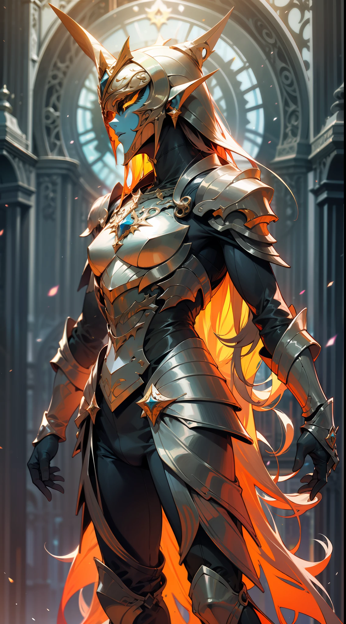 um homem de corpo inteiro, wildly rainbow colored long curly hair, fantasia sombria, armadura de cor azul, standing up, um fundo de masmorra medieval de fantasia escura
