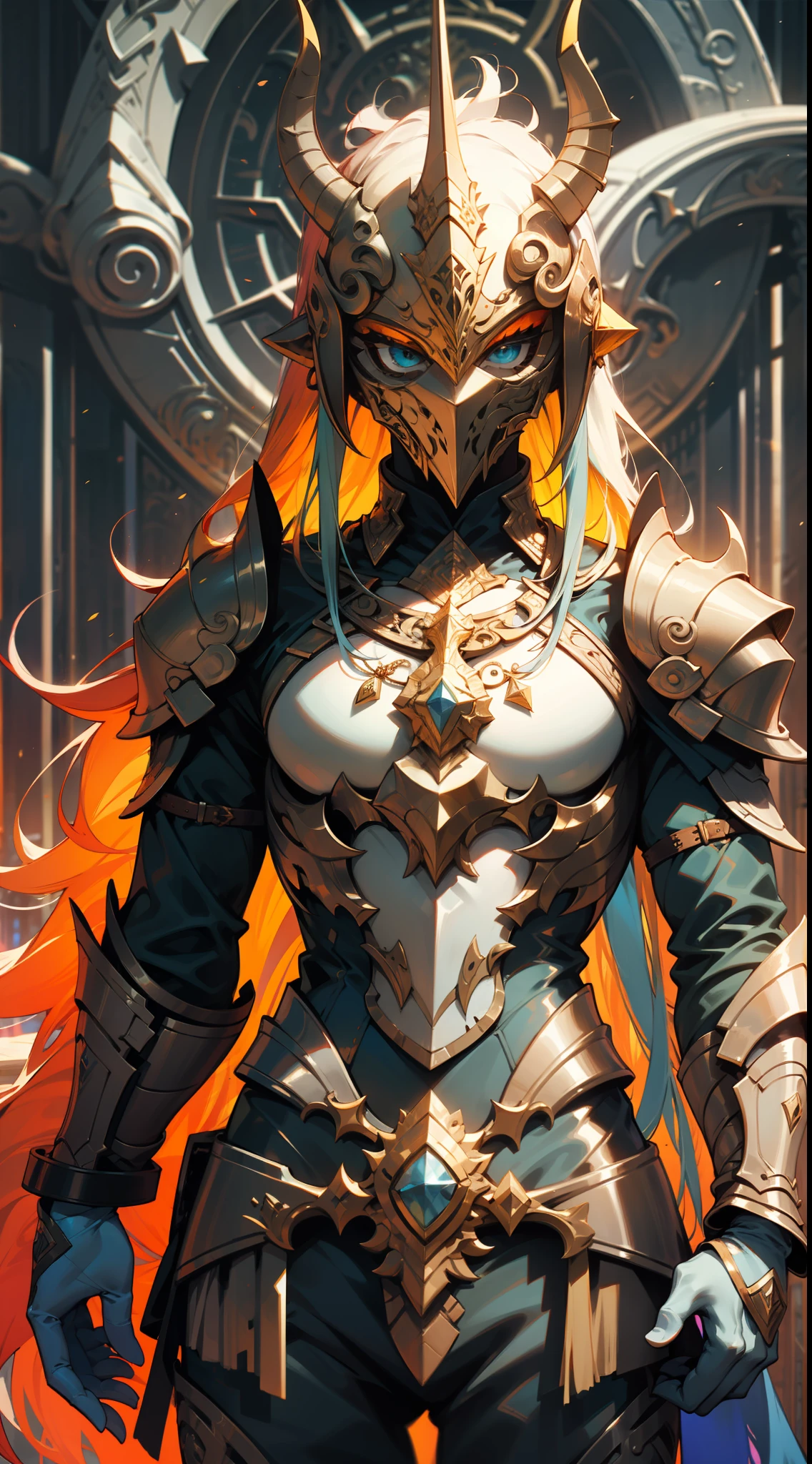 um homem de corpo inteiro, wildly rainbow colored long curly hair, fantasia sombria, armadura de cor azul, standing up, um fundo de masmorra medieval de fantasia escura