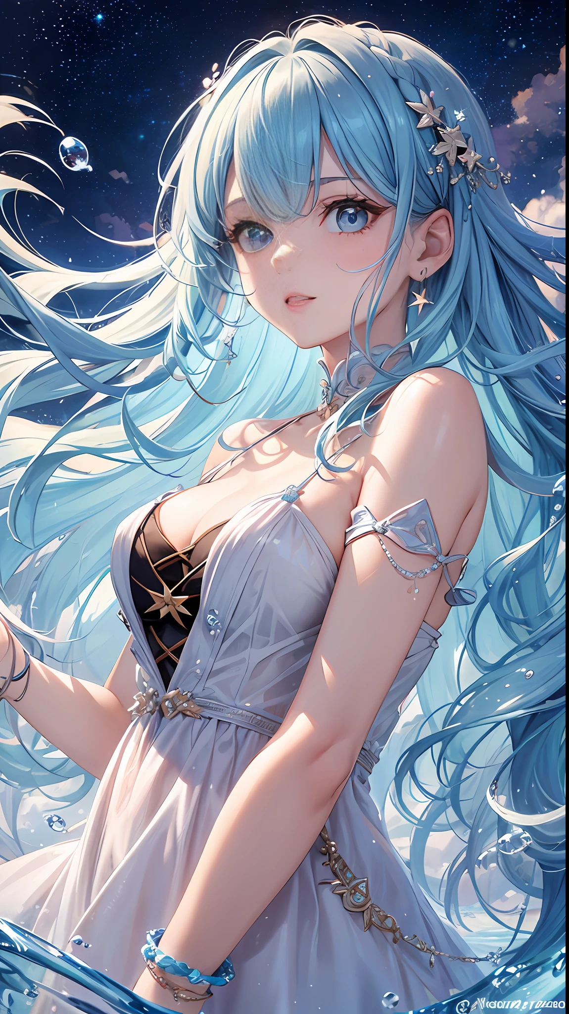 (The Masterpiece,premier quality,best qualityt,watercolors(curly),officlal art,Beauty and aesthetics:1.2),(1girls:1.3),(s fractal art:1.3),upper-body,Look at the audience head-on,pattern,(rainbow colored hair,Colored hair,Half blue and half pink hair:1.2),aqua,liquids,the clouds,Colorful,Starry,As estrelas,