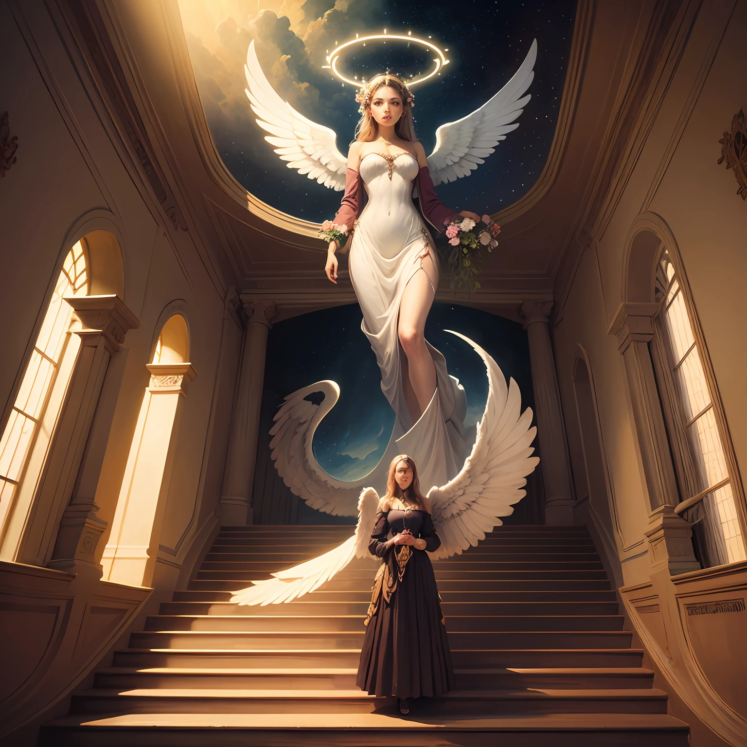 Una hermosa pintura de una escalera con flores que conducen al cielo, All of them with an angel halo on their heads, Pintura surrealista, Escalera al cielo, Camino iluminado al cielo, (angels:0,8), Jim Warren, Pintura surrealista, Hermosas obras de arte, Arte surrealista, surreal fantasy, surrealismo, Obra maestra, ilustraciones pintadas por Jim Warren, panoramic camera, ccinematic lighting --auto