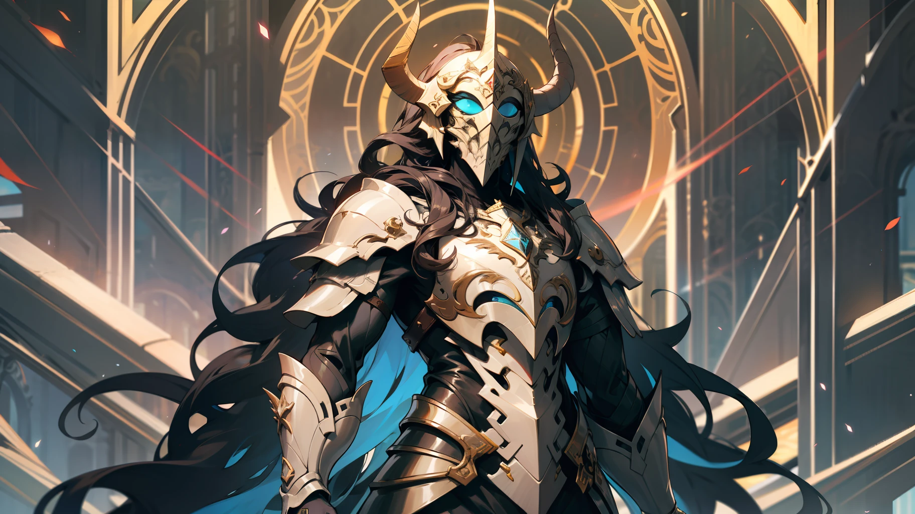 um homem de corpo inteiro, wildly rainbow colored long curly hair, fantasia sombria, armadura de cor azul, standing up, um fundo de masmorra medieval de fantasia escura