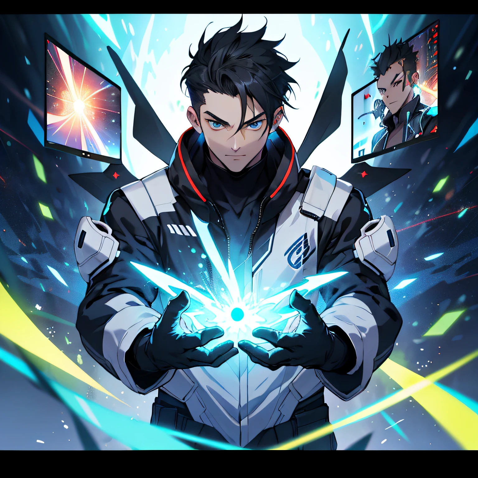 best qulity:1.0),(ultra-highres:1.0),Anime boys,with short black hair,Blue eyes,,Background particle beam stream,