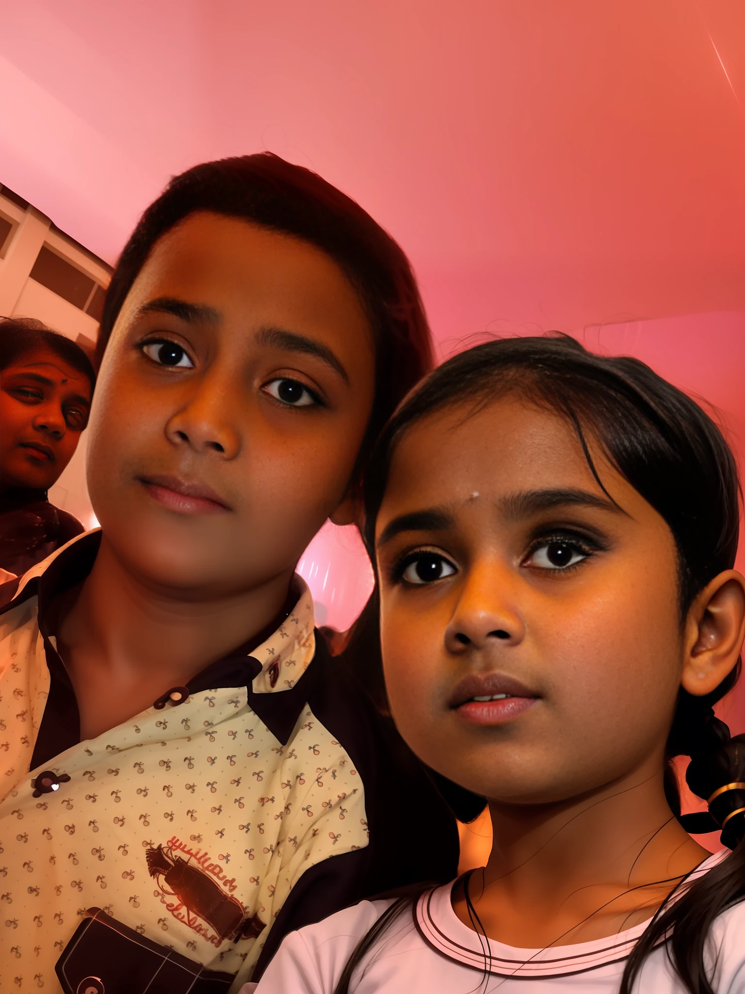 a 12-year-old indian girl with (innocent and pure:1.2) eyes, in concert , red light atmosphere