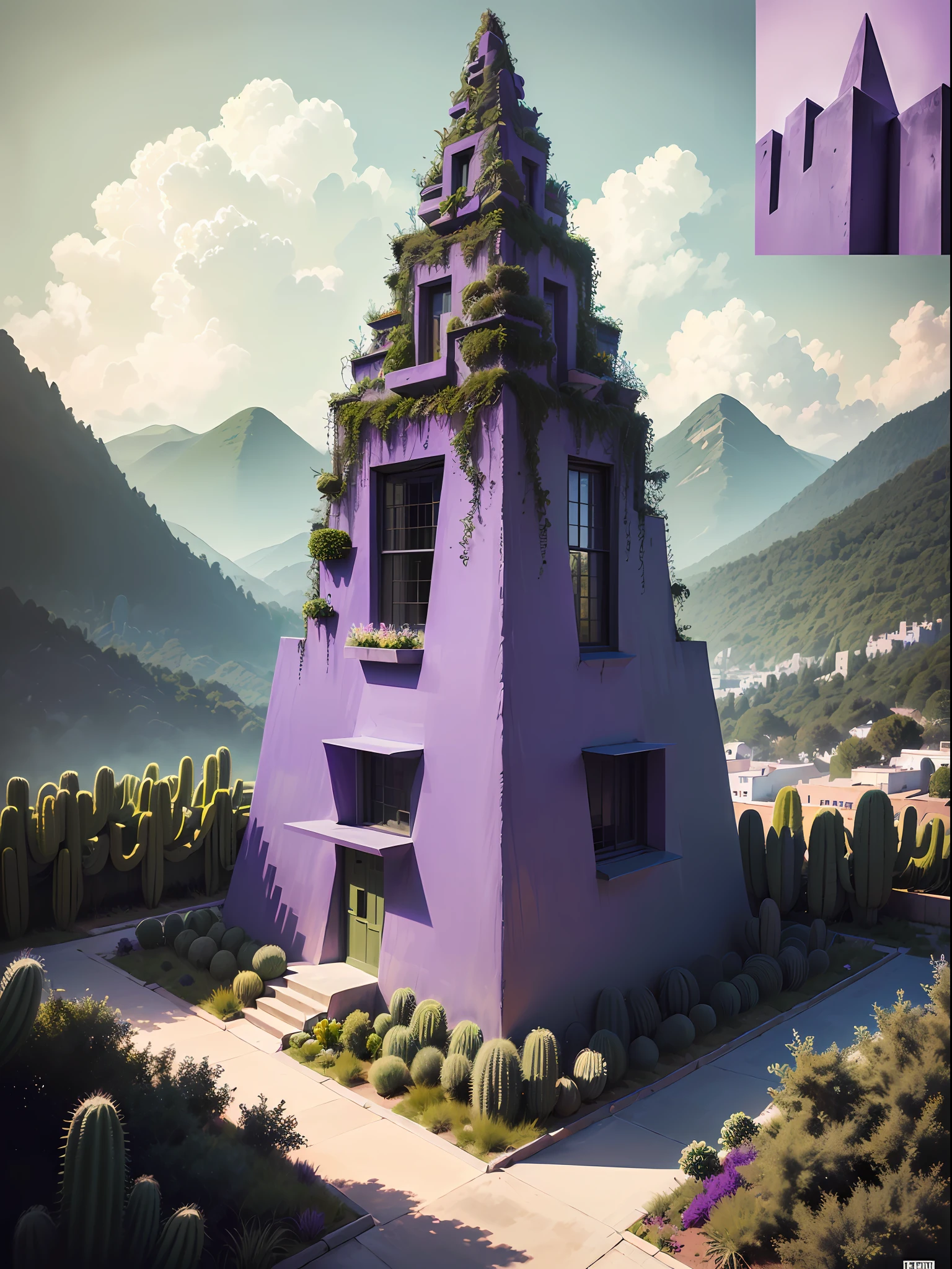 Illustration, a garden whit abundant cacti, various organic sculptures, big rocks, (((multiple sections))), collage style, detailed, (((color palette olive green, violet, grey, blue, black and white))), (((a lot Luis barragán's architecture style builds))) big clouds, mountains in horizon, stairs, bridge, in the forest. ((masterpiece, best quality)),illustration,ultra detailed 8k