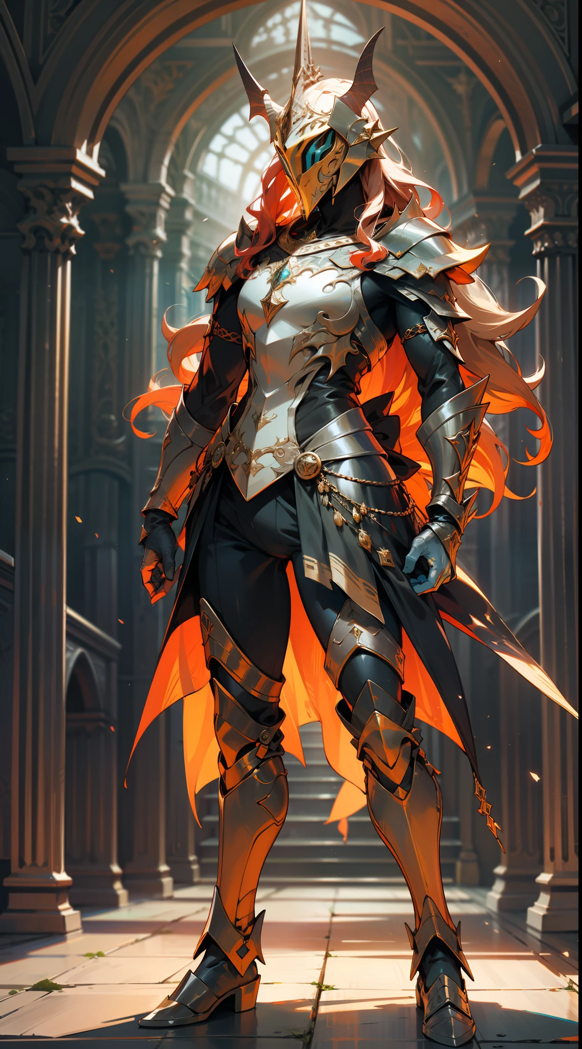 um homem de corpo inteiro, wildly rainbow colored long curly hair, fantasia sombria, armadura de cor azul, standing up, um fundo de masmorra medieval de fantasia escura