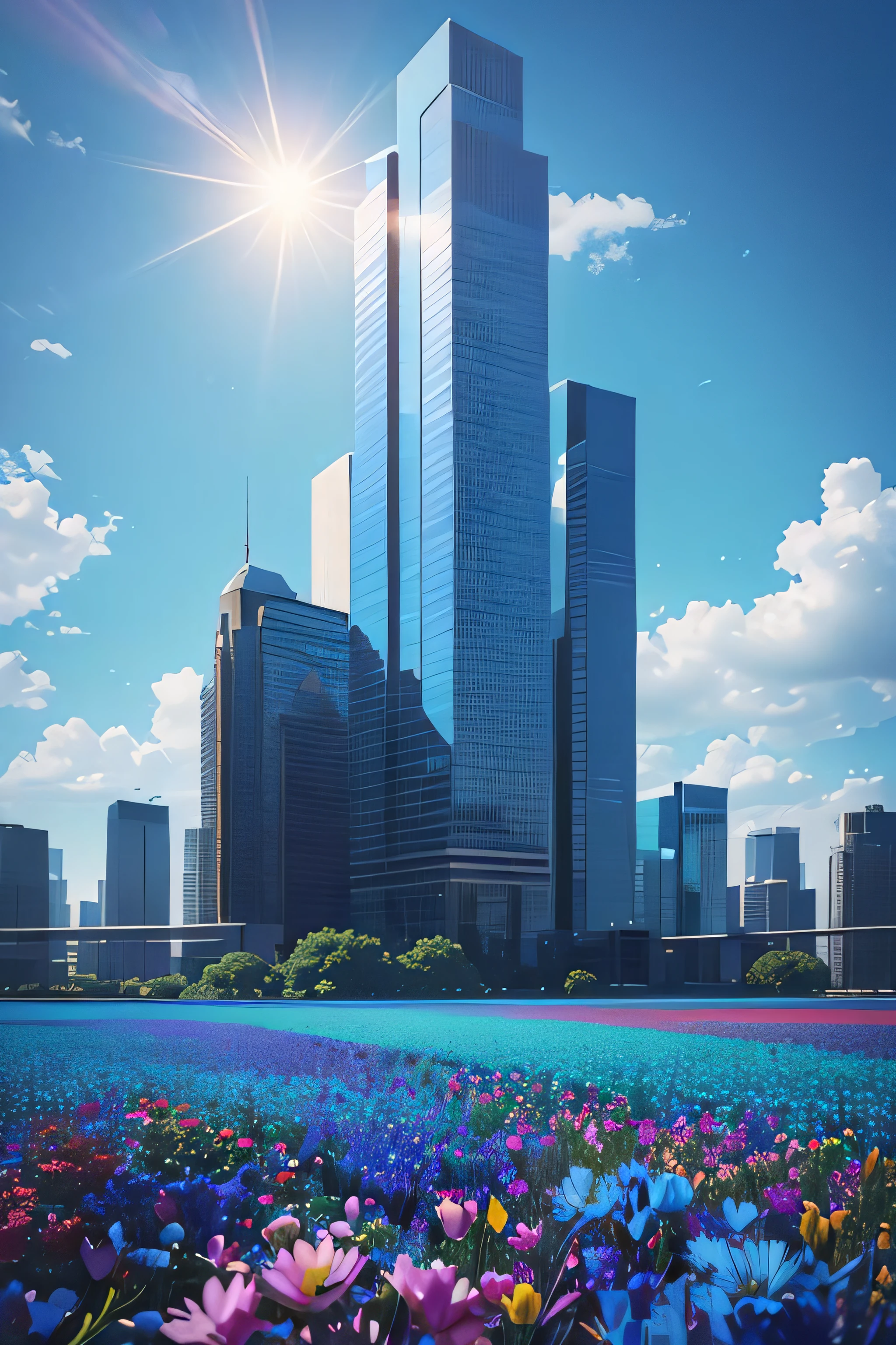 vibrant blue tinted colors, skyscraper, highly saturated colors, Fujifilm Fujichrome Provia 100F film, flower field, purity and dreamy symbolism, (muted colors:1.2), (photon mapping), octane render + hyper realistic, storage, (8k), hdr, sunny,