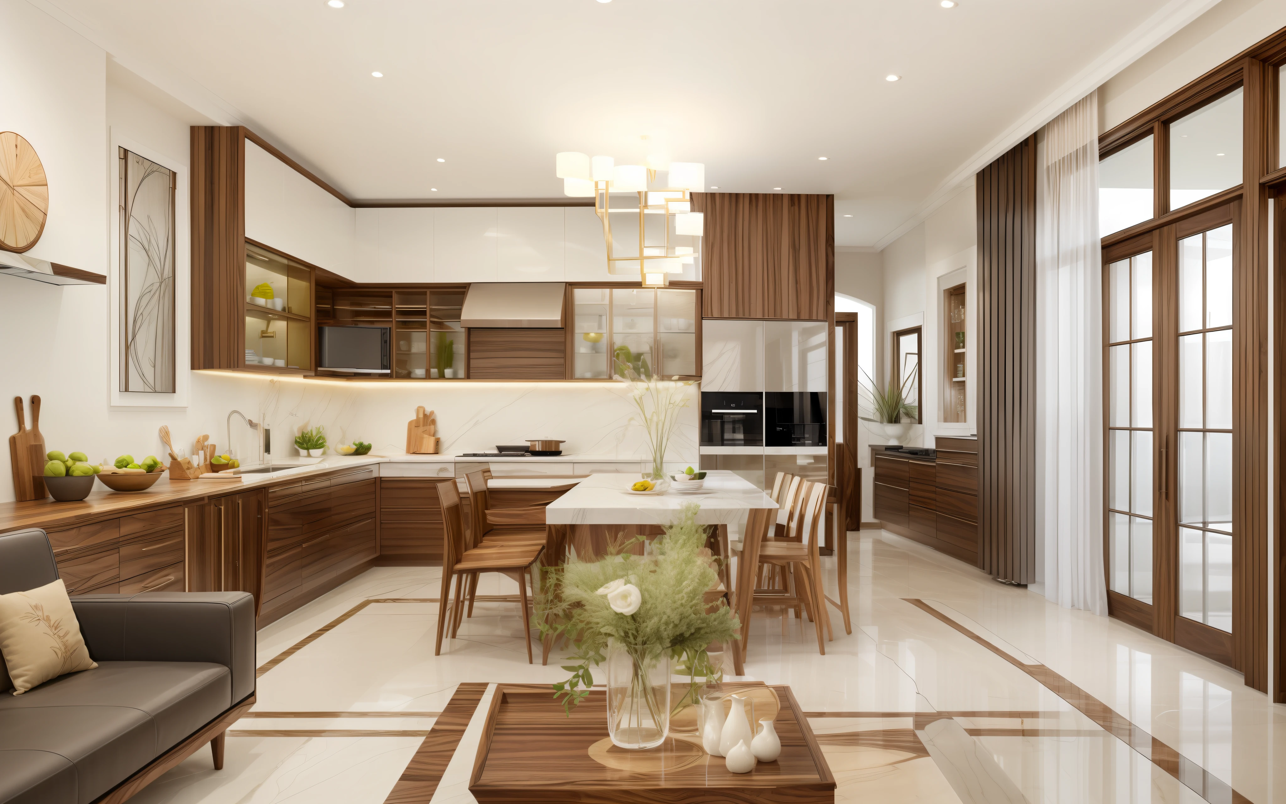 "(kitchen design)+[natural lighting:1.2], (walnut wood panel:1.1), minimalist, sleek, modern, (white acrylic panel:1.1), elegant ambiance, sophisticated, inviting atmosphere."