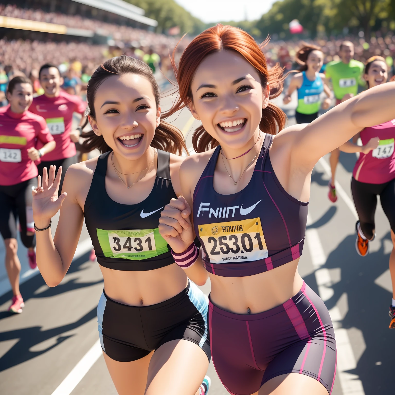 Friends participating in a race, Stylish and functional running outfits, Displaying determination, Sense of camaraderie, Conveying the joy of running, Supportive and encouraging expressions, Matching and coordinated running outfits, Focused and driven expressions, High-fiving or cheering each other on, Smiles and expressions of enjoyment, Sunlight casting a vibrant atmosphere, Overhead shot to capture their unity