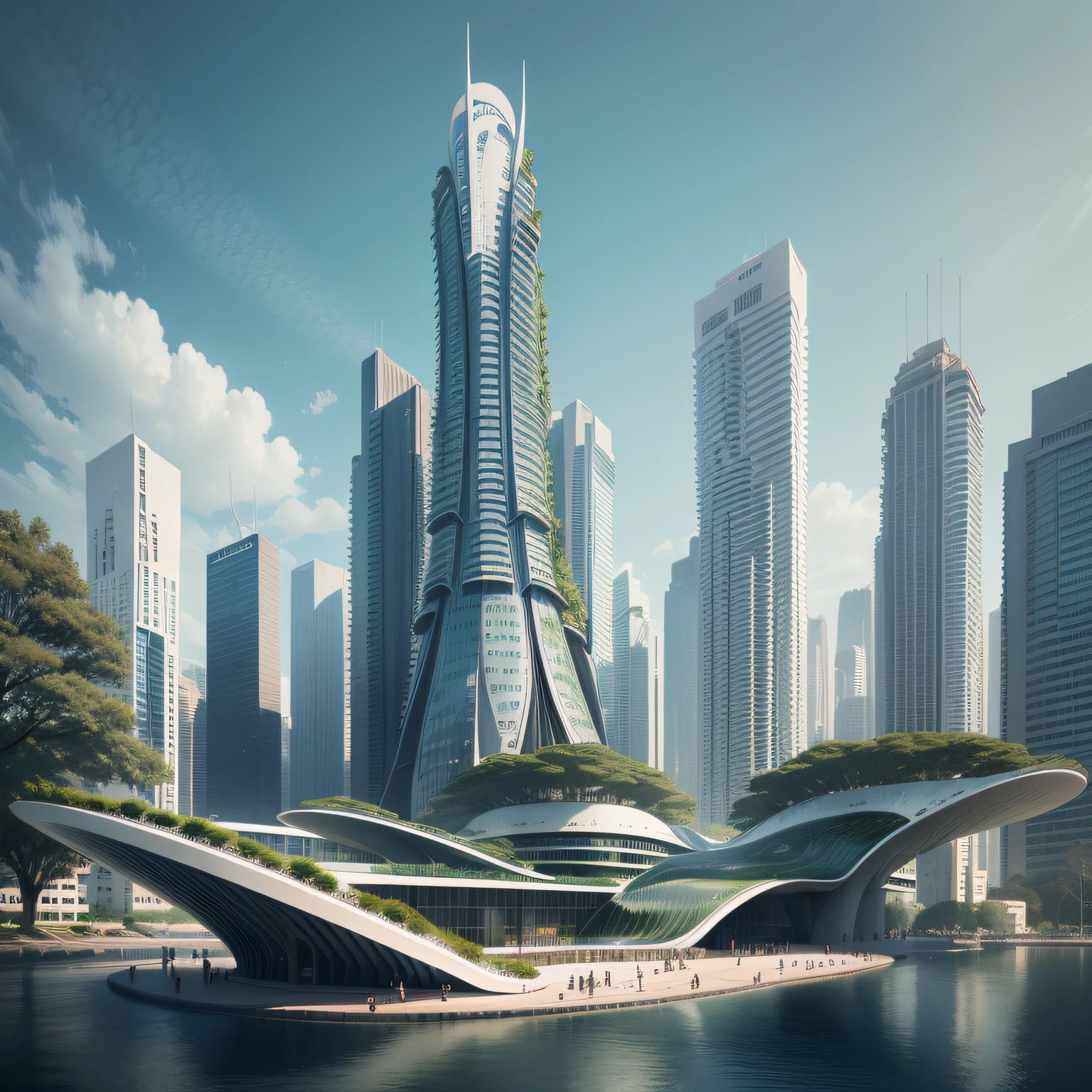 Futuristic architecture, arquitectura premiada, skyscraper architectureCity, photographic style, fotorrealismo, Alameda de Plátanos, Highly detailed dream building in the architectural styles of Oscar Niemeyer and Ernst Haeckel :: arquiteturacore :: Alto contraste