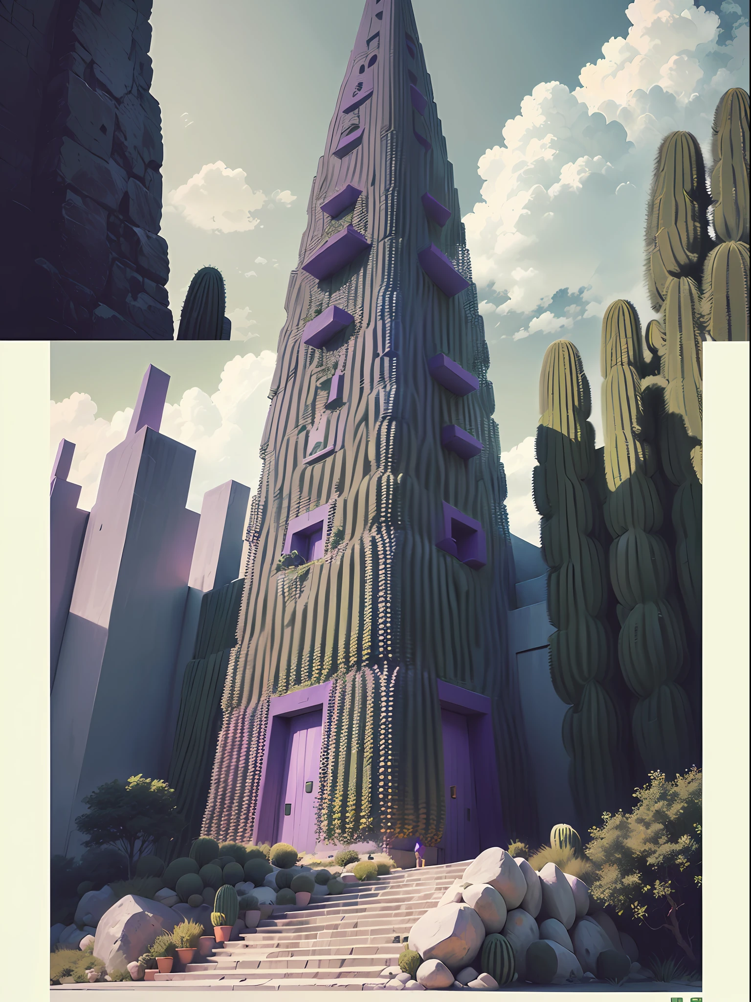 Illustration, a garden whit abundant cacti, various organic sculptures, big rocks, (((multiple sections))), collage style, detailed, (((color palette olive green, violet, grey, blue, black and white))), (((a lot Luis barragán's architecture style builds))) big clouds, mountains in horizon, stairs, bridge, in the forest. ((masterpiece, best quality)),illustration,ultra detailed 8k