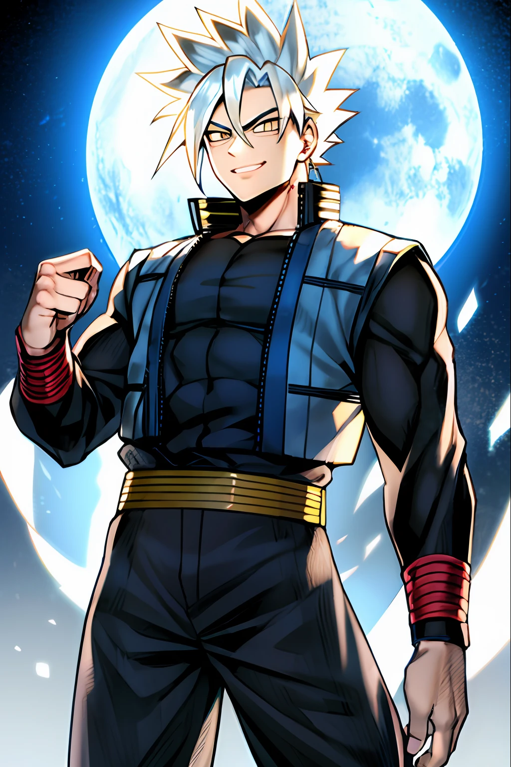 utakata, naruto, 1boy, retroiluminação, olhos negros, cabelo preto, pulseira azul, boca fechada, dougi, mecha de cabelo, particles light, olhando para o espectador, foco masculino, musculoso, homem musculoso, peitorais, sorrir, solo, cabelo liso , parte superior do corpo, pulseira, ((obra-prima))