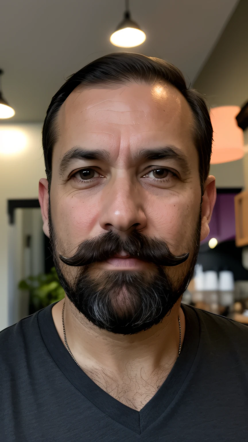 46 years old man with a trimmed beard and trimmed mustache down side, black and pepper hairs, in a room, wearing black v neck tea shirt, portrait photograph, highly detailed face, detailed face, (46 years old), face with beard, trimmed beard and mustache, strong big brown eyes, dense eyebrows. nature background