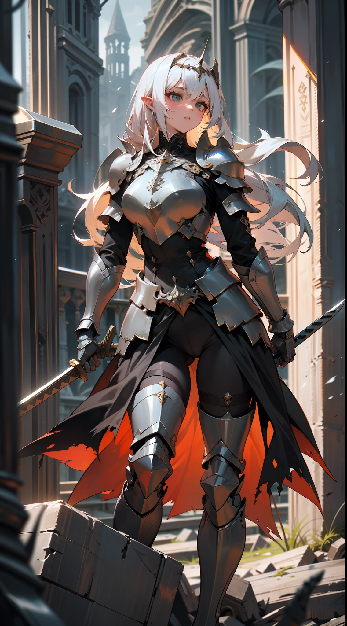 Uma mulher de cabelos platinados e armadura negra, cavaleira medieval, segurando uma espada larga preta, com olhos escuros, in a destroyed black medieval castle, cercada por criaturas horrendas