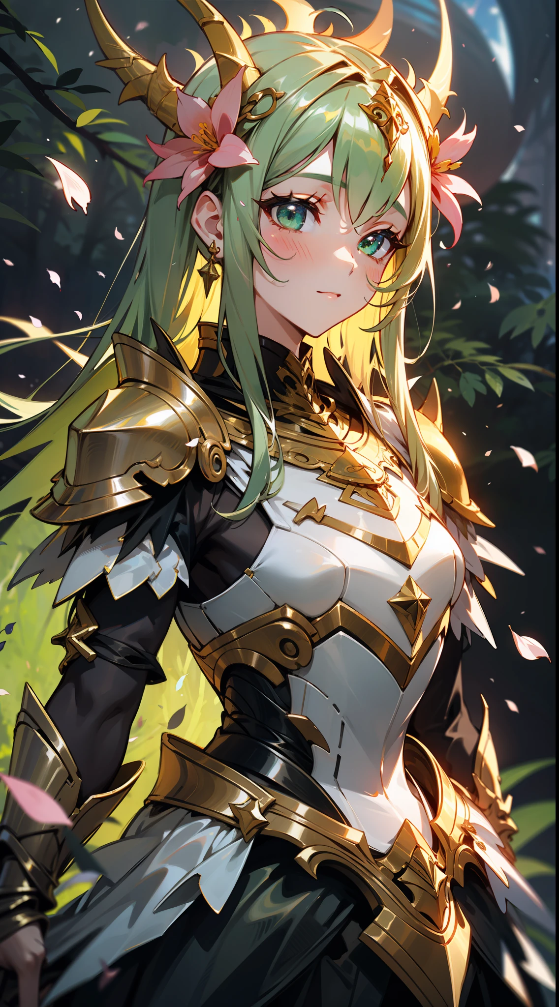 Uma deusa da floresta com uma coroa de flores, wearing colorful green armor with flower petals and shiny jewelry, em uma floresta de folhas azuis, with cosmic sky