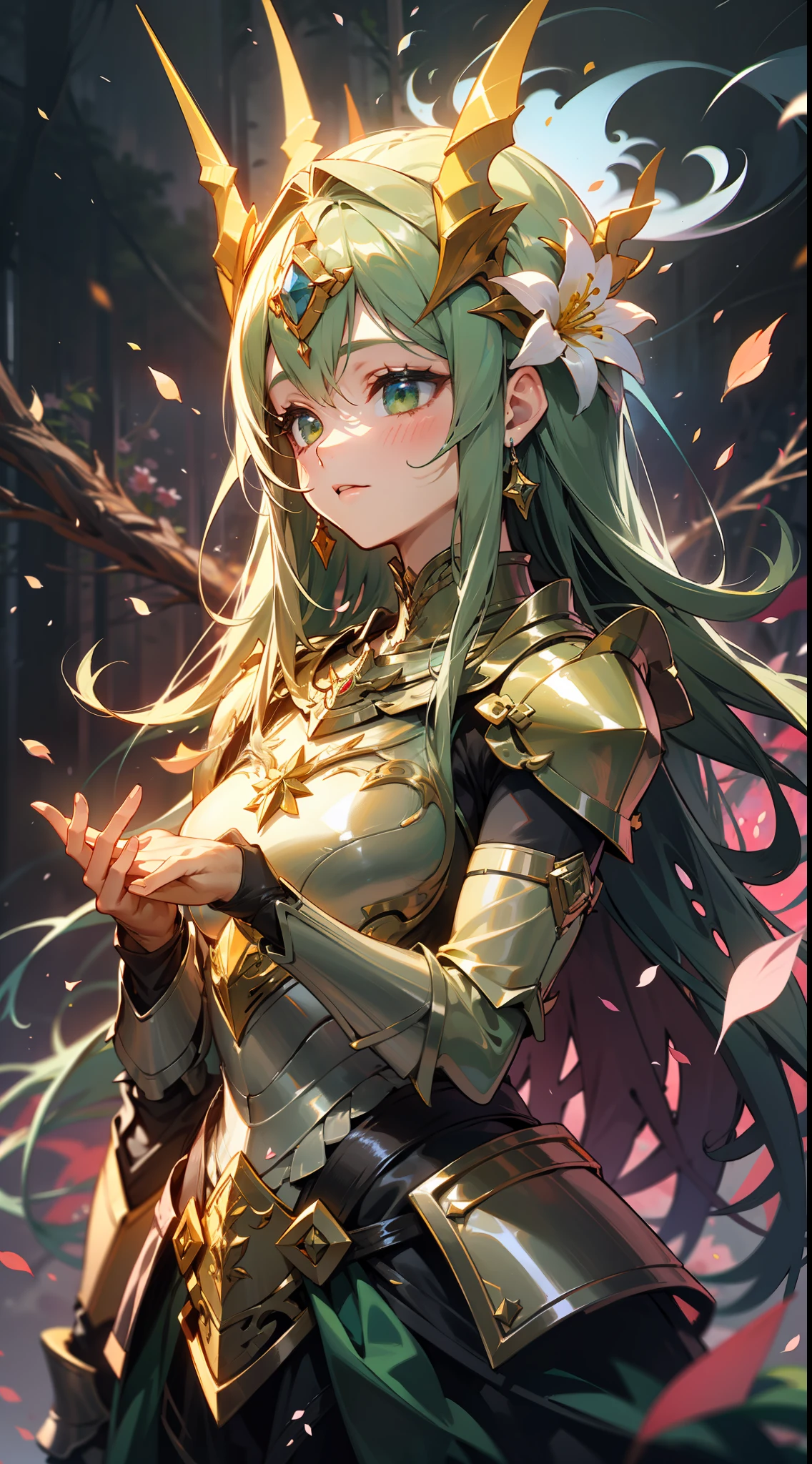 Uma deusa da floresta com uma coroa de flores, wearing colorful green armor with flower petals and shiny jewelry, em uma floresta de folhas azuis, with cosmic sky