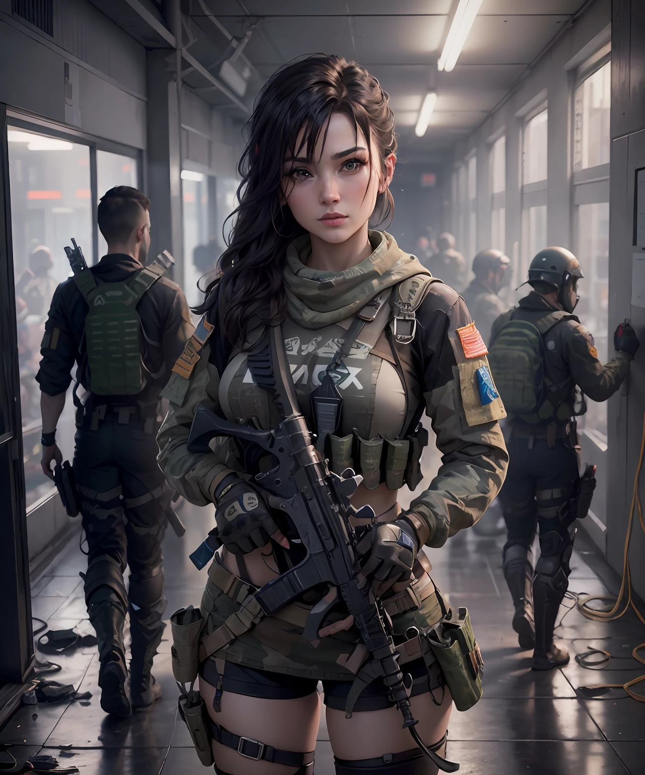 ((Melhor Qualidade)), ((Obra-prima)), (Alto Detalhe: 1.3), 3D, machine gun in hand, beautiful special forces shooting (cyberpunk:1.2), robort, mulher com cabelo volumoso espesso em (em camouflage_uniform:1.1), bulletproof vest, capa de chuva, digital (camuflagem: 1.3), HDR (High Dynamic Range), ray tracing, NVIDIA RTX, ultrahigh-res, Unreal 5, espalhamento subsuperficial, PBR texturing, Post-processing, anisotropic filtering, profundidade de campo, maximum clarity and sharpness,  texturas multicamadas, Albedo and reflection maps, surface shading, accurate simulation of the interaction of light and material, ideal proportions, octane rendering, two-color lighting, ampla abertura, baixo ISO, white balance, rule of thirds, 8K RAW, subpixel efetivo, Subpixel convolution,