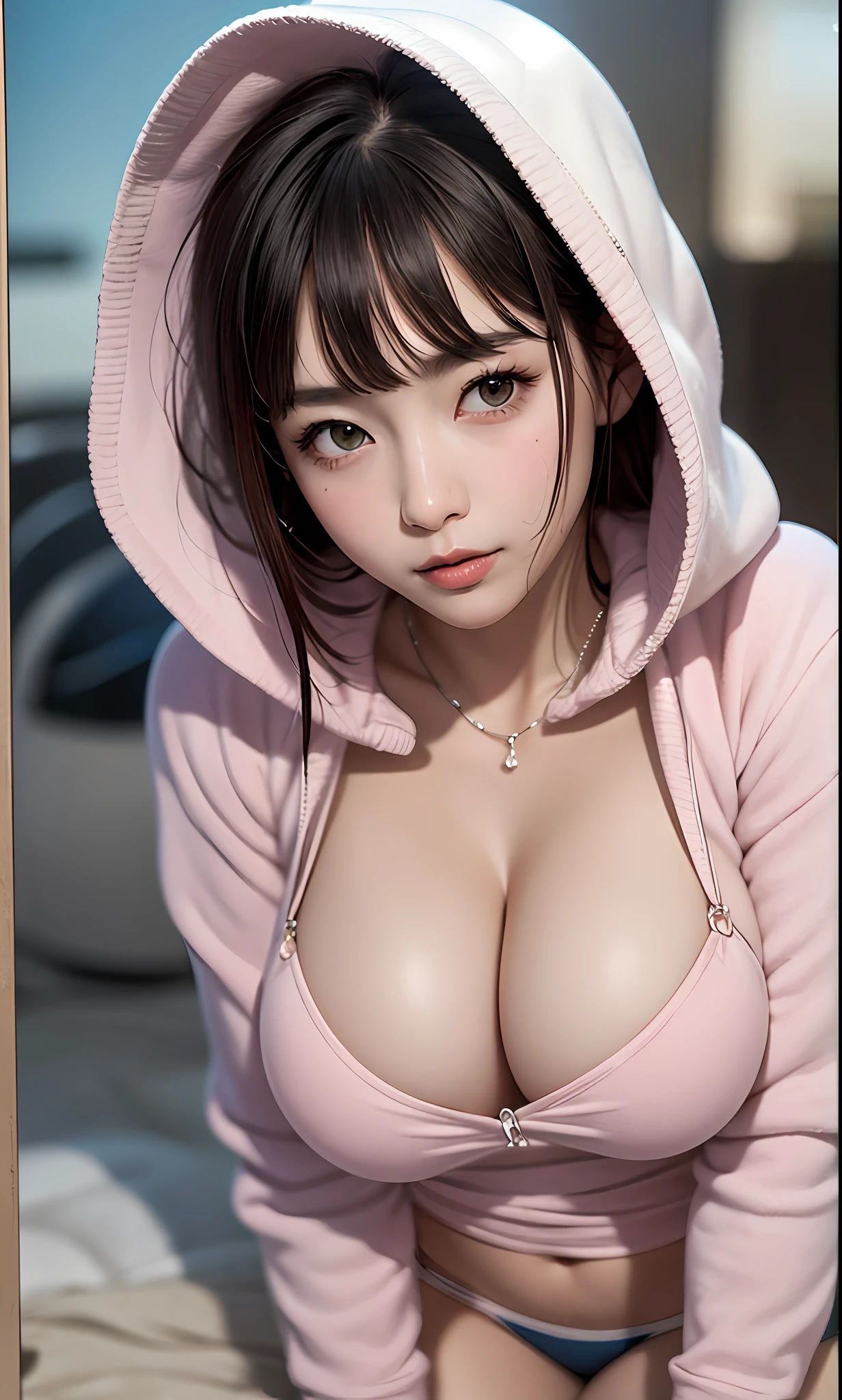 8K, beste Quality, real image, with intricate details, Super Detail, ultra-highres, Depth Field,(photorealestic,Realstic:1.2),A masterpie, 0.25 :: close up front , straight-on shot , from miiddle , 1girl, ai_chan, 20yo,Narrow-eyed、 (Brown hair),(bangs), perfect glossy skin, flawless skin, Fair skin, gigantic breastss, cleavage breasts, narrow waist, thin blush,Wearing a pink bikini and hoodie、 looking at the viewers, Light smile,sweats、(Gravure Pose:1.1）、（、highly detailed beautiful face and eyes、attractive face、）the beach、Blur background、appeal、a beautifu、