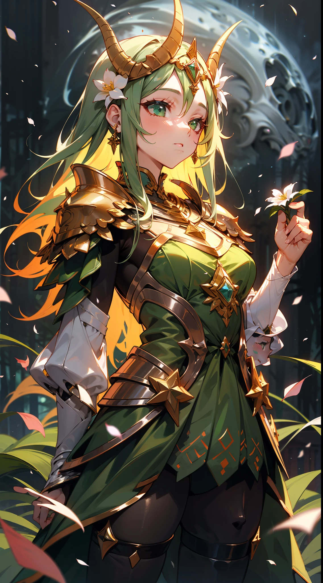 Uma deusa da floresta com uma coroa de flores, wearing colorful green Dress armor with flower petals and shiny jewelry, em uma floresta de folhas azuis, with cosmic sky