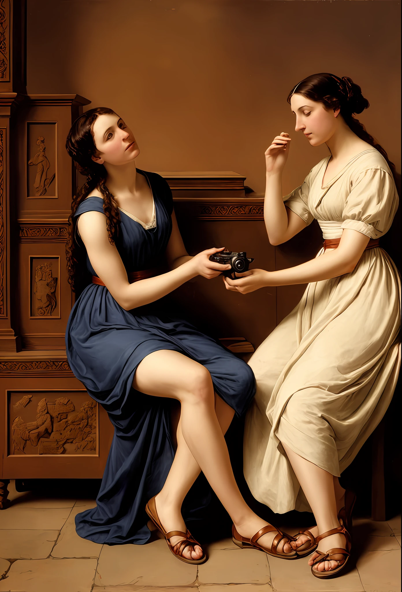 Woman with long hair down to her feet
woman engaged in lively conversation, immersed in the atmosphere of the ancient Greek past, show the faces from another angle. captured in an artistic style similar to that of Alma Tadema. The image, while a realistic visual representation, avoids showing any reference to modern technology. Instead, the scene is portrayed as if it were a classic.
without the presence of the Canon EOS 5D Mark IV camera used to