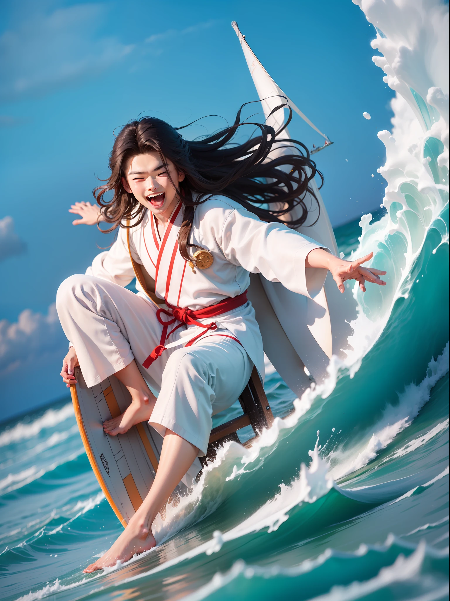 1boy:1.3,A twenty-year-old man surfing on a sailboat at sea,sailing ship:1.3,Blue sea:1.3,black long hair,White clothes fluttering,Hanfu,Open your mouth and laugh,Full body,Chibi