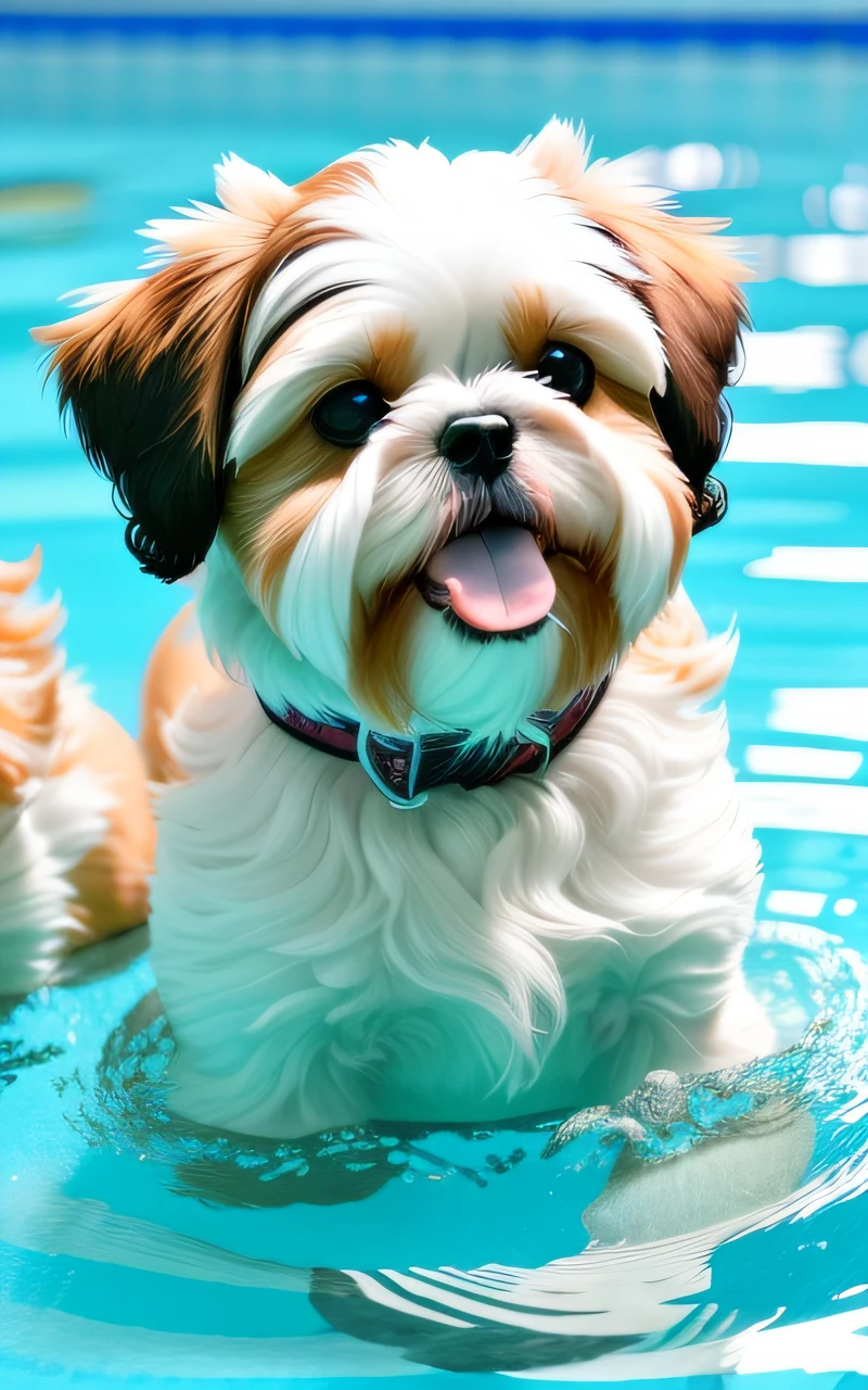 hyper Quality,Cute two Shih Tzu puppies,different body colors,swimming in the pool,smile,black eyes,barking,narrow eyes,smile,eos r3 28mm --auto