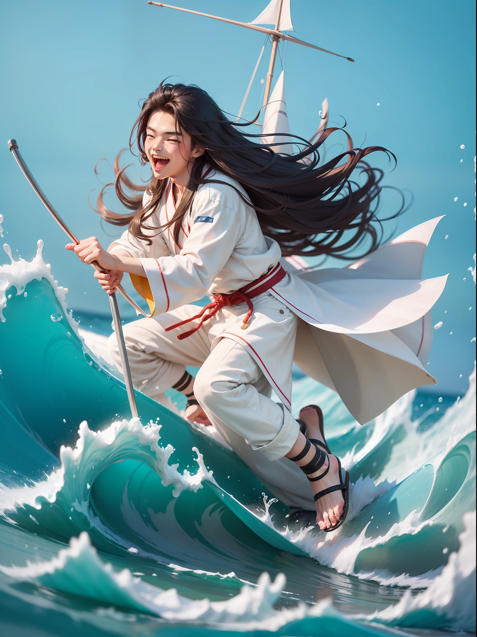 1boy:1.3,A twenty-year-old man surfing on a sailboat at sea,sailing ship:1.3,Blue sea:1.3,black long hair,White clothes fluttering,Hanfu,Open your mouth and laugh,Full body,Chibi