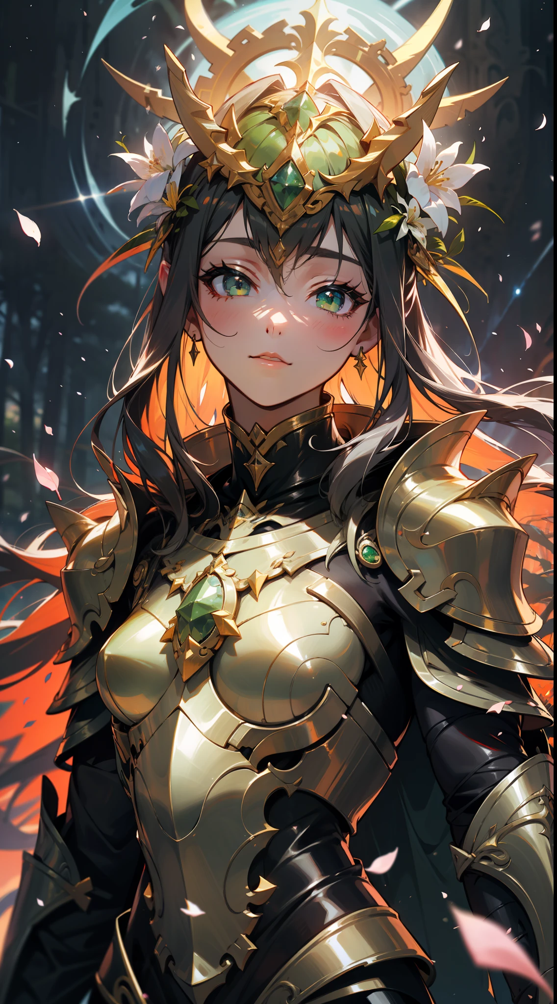 Uma deusa da floresta com uma coroa de flores, corpo inteiro, wearing colorful green armor with flower petals and shiny jewelry, em uma floresta de folhas azuis, with cosmic sky