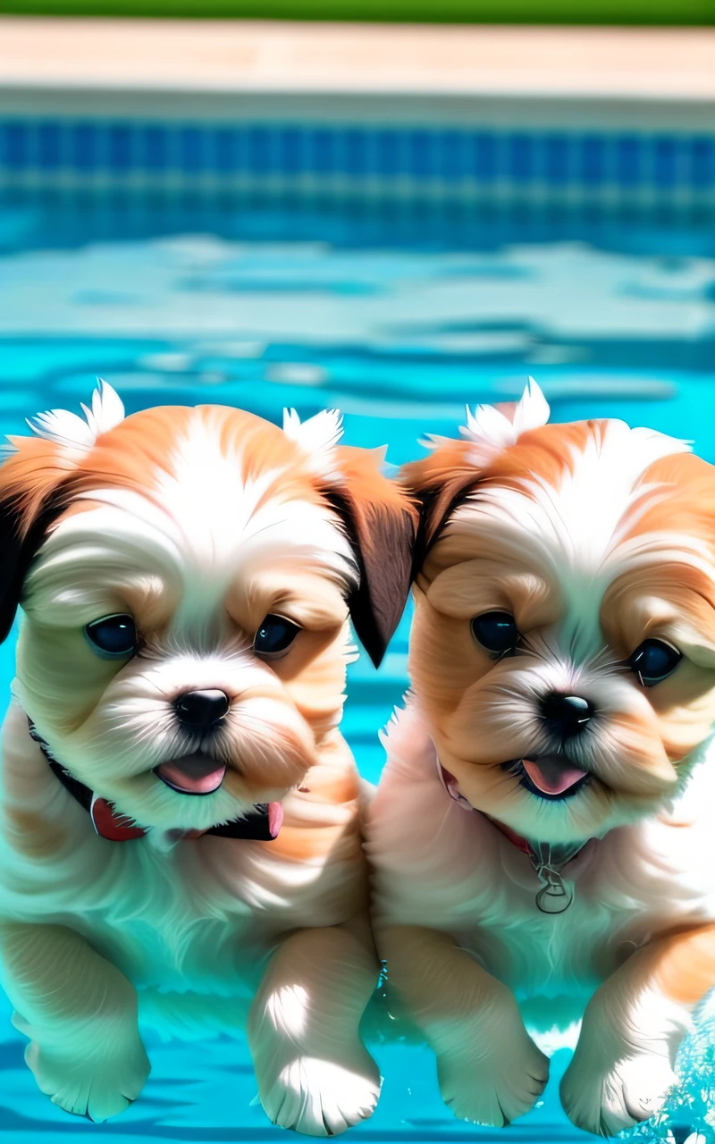 hyper Quality,Cute two Shih Tzu puppies,different body colors,swimming in the pool,smile,black eyes,barking,narrow eyes,smile,eos r3 28mm --auto