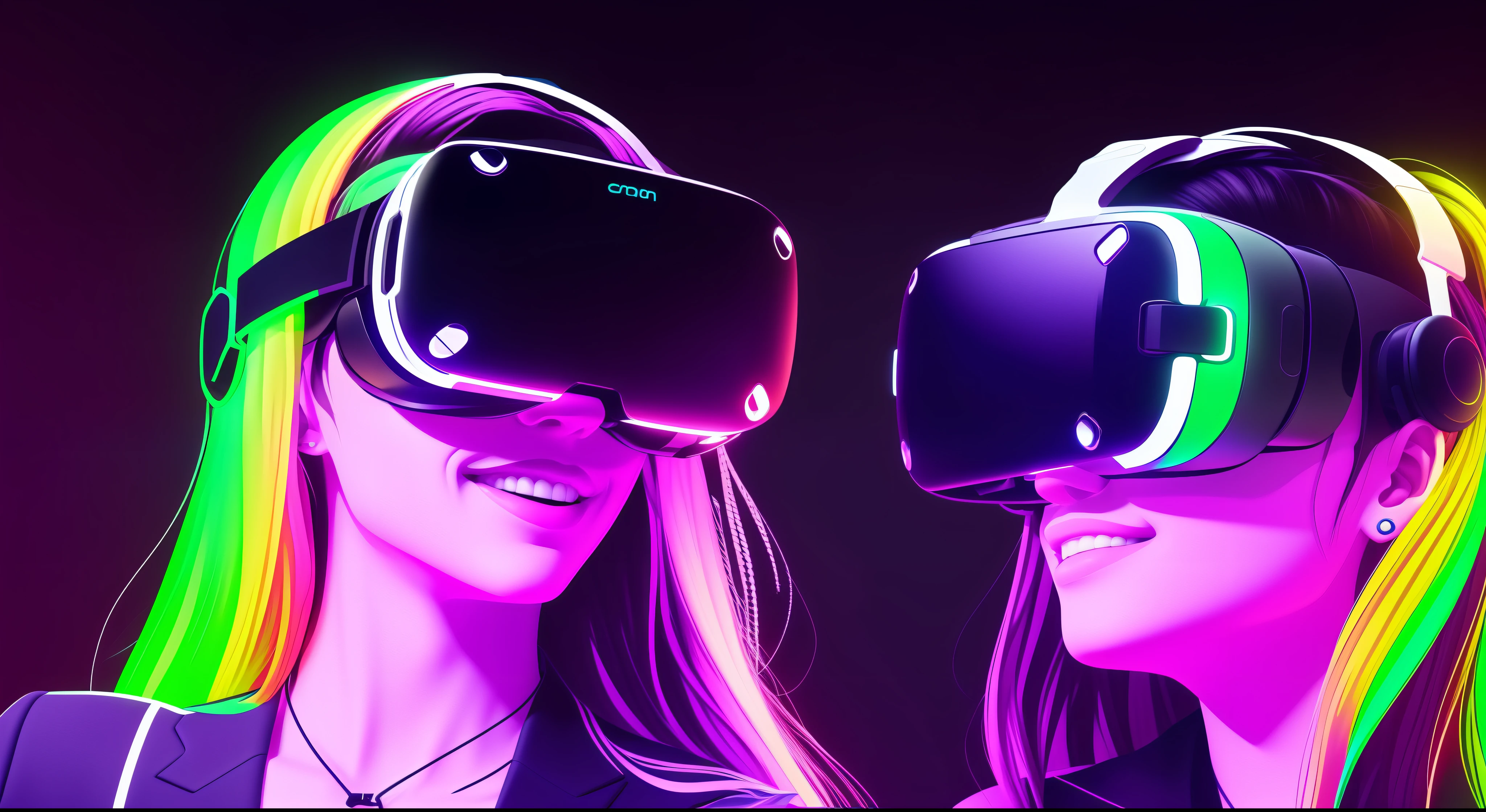 Fun in a future and image with neon colors, pessoas usando oculos de realidade virtual --auto