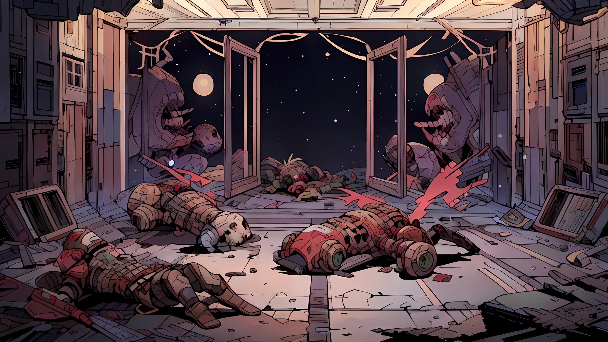 (((corpses))), inside massive derelict, debris, makeshift cover, battle aftermath, destroyed lights, red alarms, sirens, dark lighting, Deep Sky Derelicts
