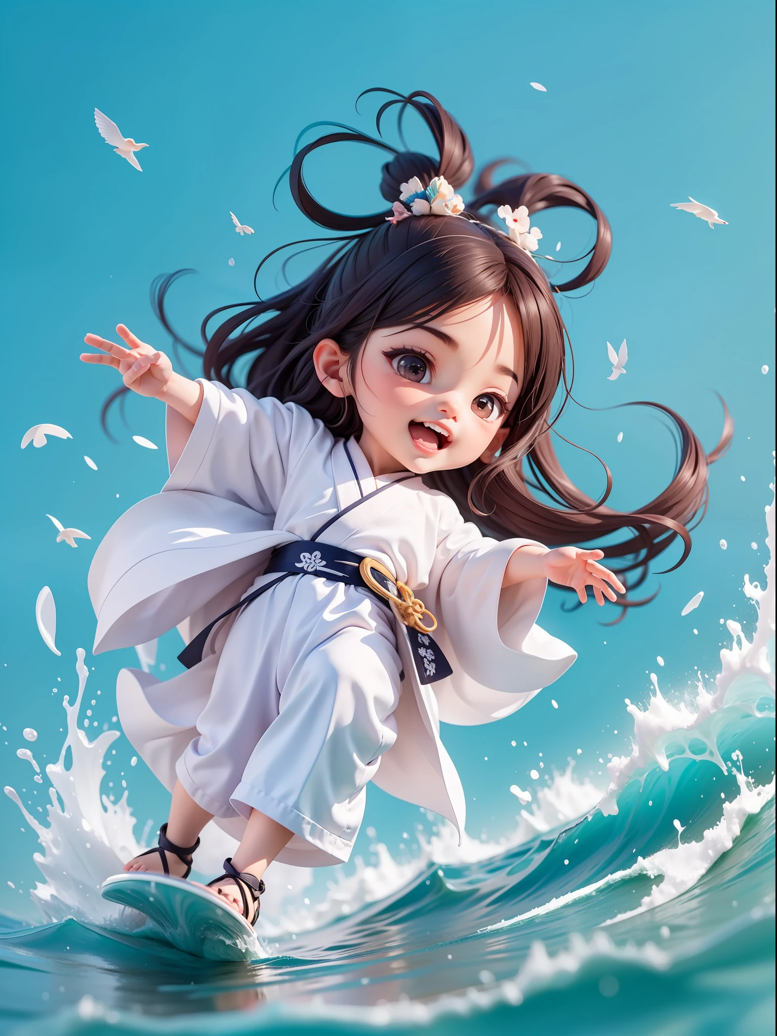 Chibi T-Shi,full body1boy:1.3,A twenty-year-old muscular man surfs on a sailboat at sea,sailing ship:1.3,Blue sea:1.3,black long hair,White clothes fluttering,Hanfu,Open your mouth and laugh,Full body,Chibi T-Shi