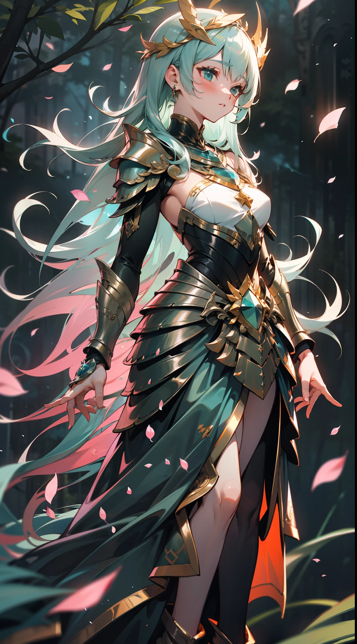 Uma deusa da floresta com uma coroa de flores, full body, wearing colorful teal Dress armor with flower petals and shiny jewelry, em uma floresta de folhas azuis, with cosmic sky
