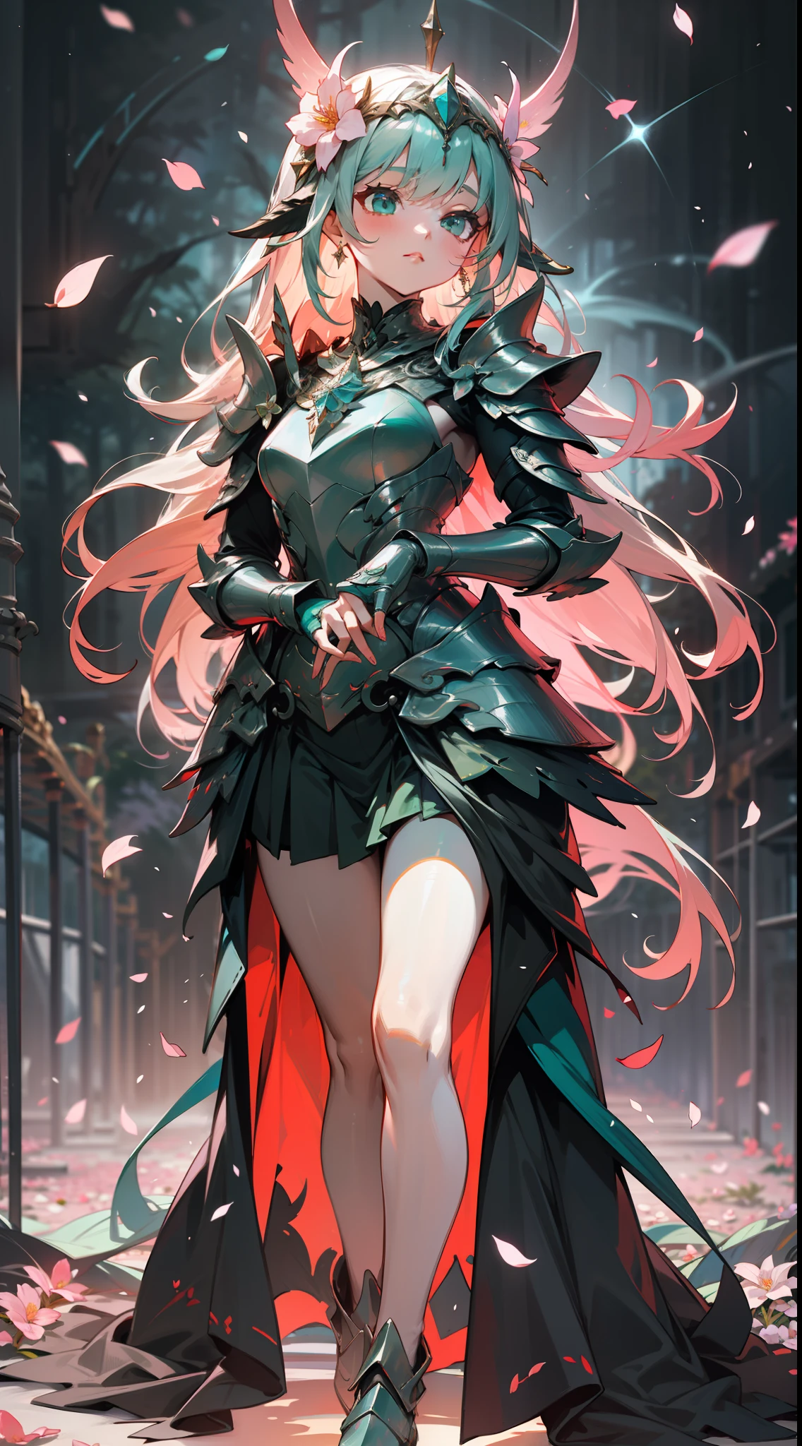 Uma deusa da floresta com uma coroa de flores, full body, wearing colorful teal Dress armor with flower petals and shiny jewelry, em uma floresta de folhas azuis, with cosmic sky