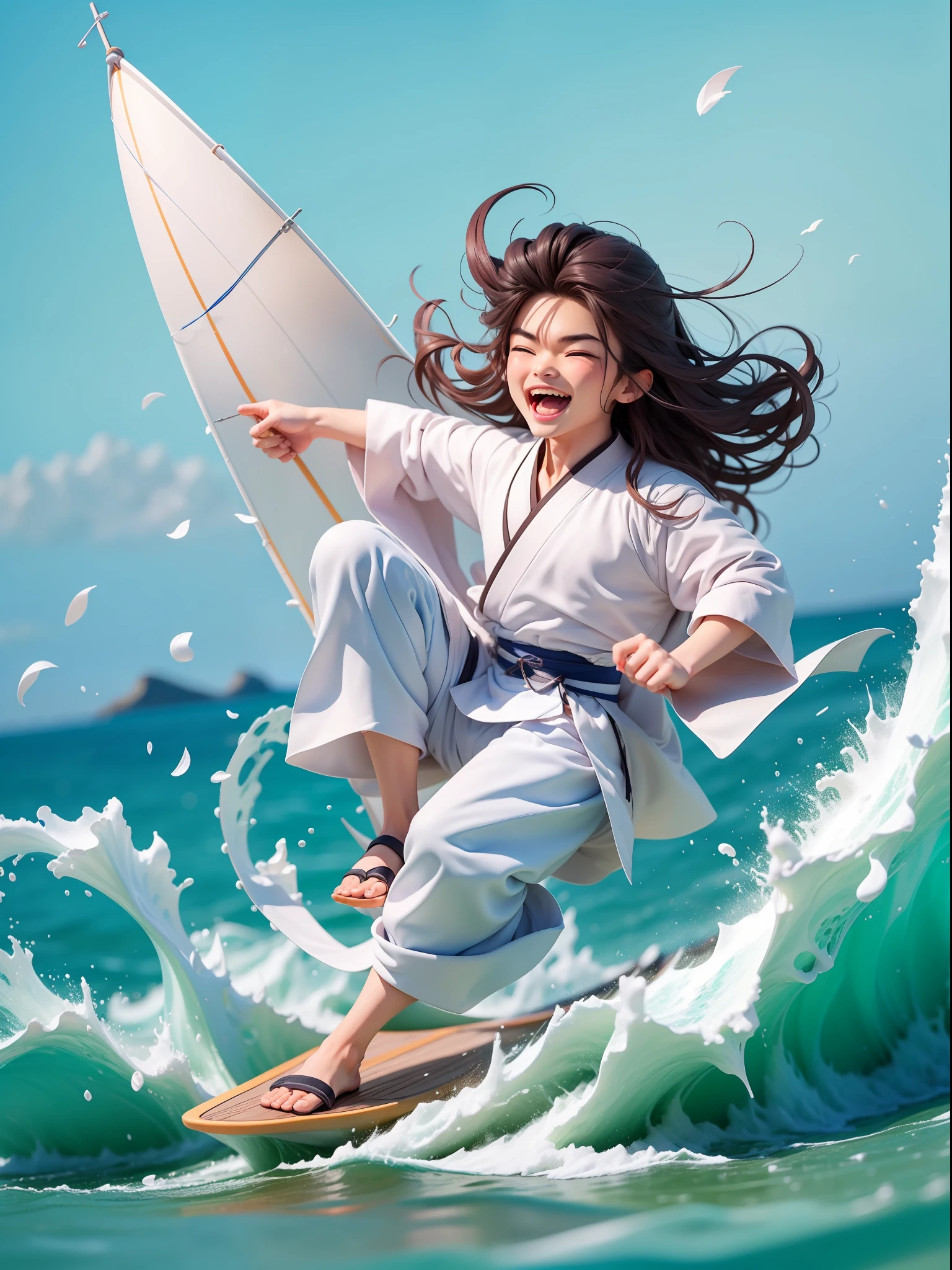 chibi,full body1boy:1.3,A twenty-year-old muscular man surfs on a sailboat at sea,sailing ship:1.3,Blue sea:1.3,black long hair,White clothes fluttering,Hanfu,Open your mouth and laugh,Full body,Chibi T-Shi