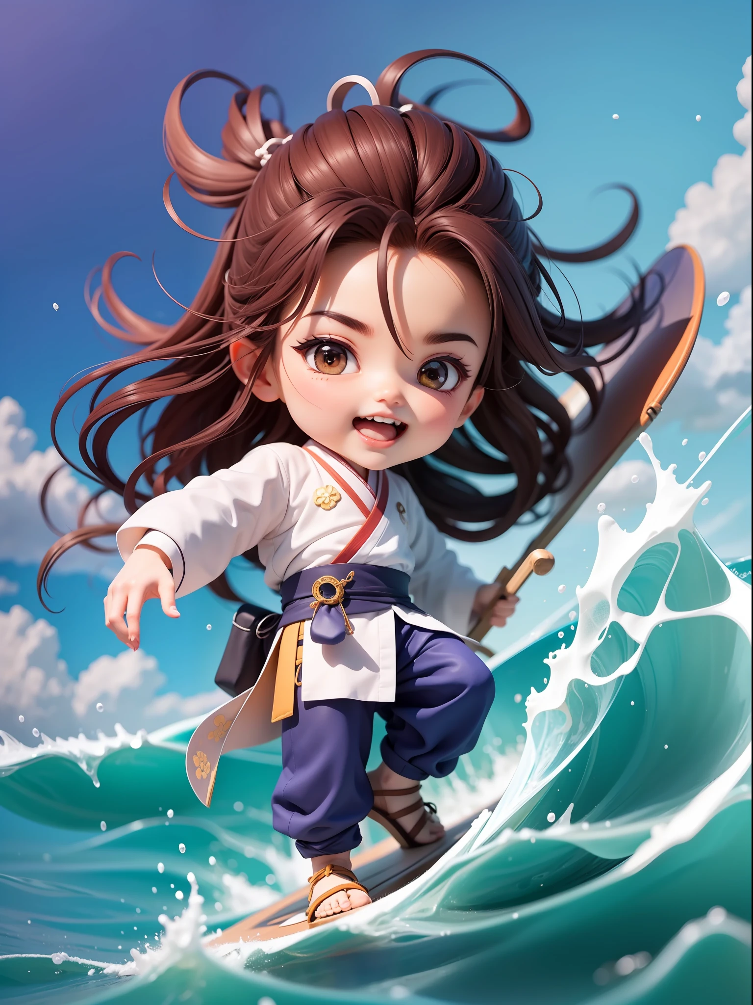 chibi，full body1boy：1.3，A twenty-year-old muscular man surfs on a sailboat at sea，sailing ship：1.3，Blue sea：1.3，black  long hair，White clothes fluttering，Hanfu，Open your mouth and laugh，Full body，Chibi T-Shi