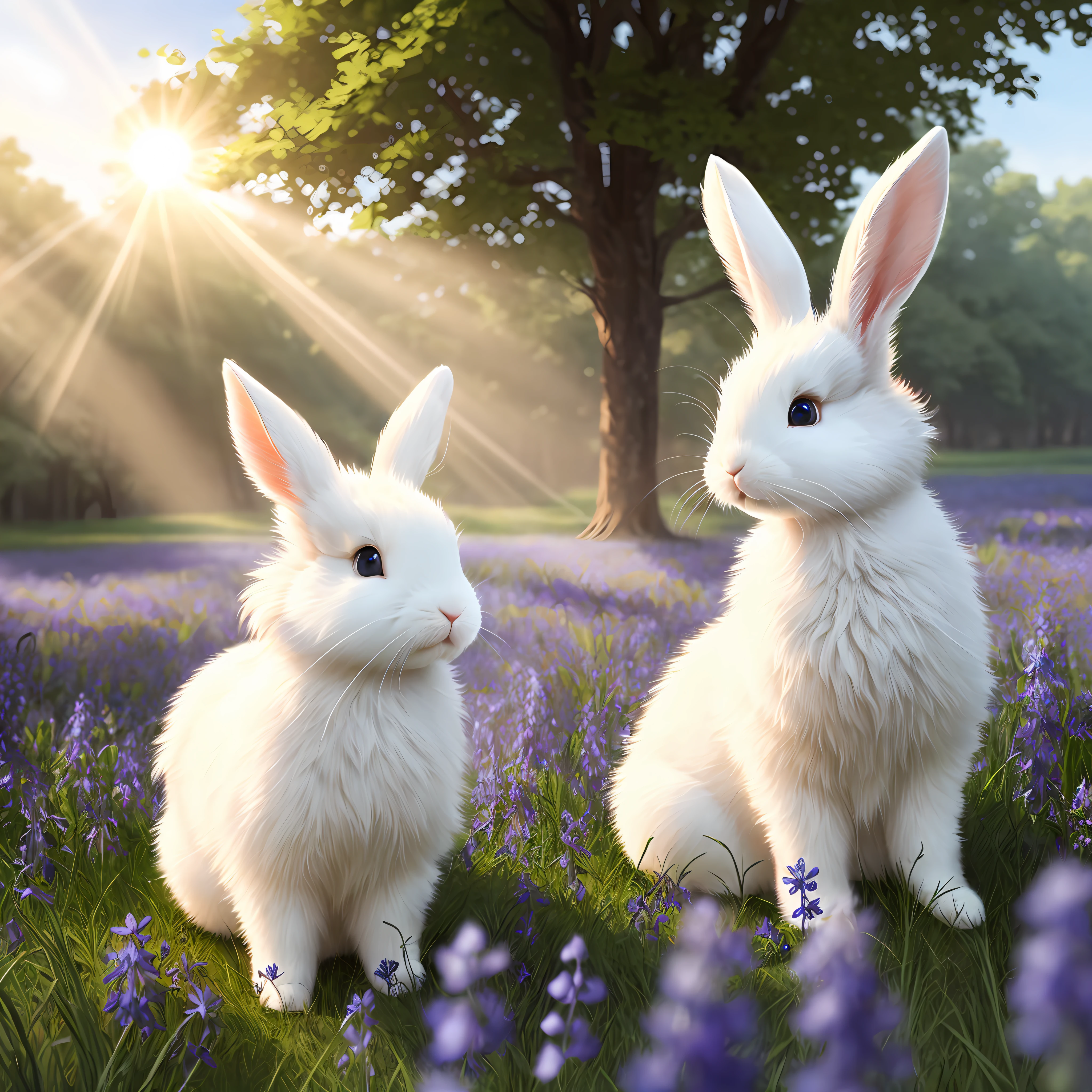 Cute white fluffy bunny with blue eyes in a summer meadow full of beautiful bluebells. Sun rays, shadows, mist. Sunset. Hyper detailed. Oil on canvas. Digital art. Ultra quality. Fantasy concept art. 16K resolution. Colorful. --auto