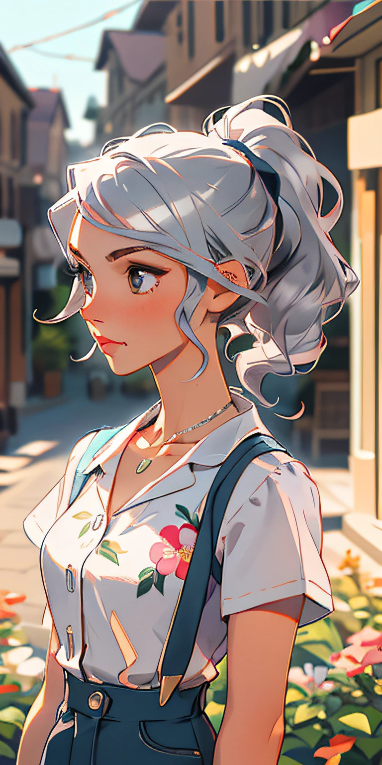 (masterpiece, best quality), 1girl, collarbone, wavy hair, shying away, blurry, upper body, necklace, suspenders, floral print, ponytail, silver hair, sunlight, (background town)