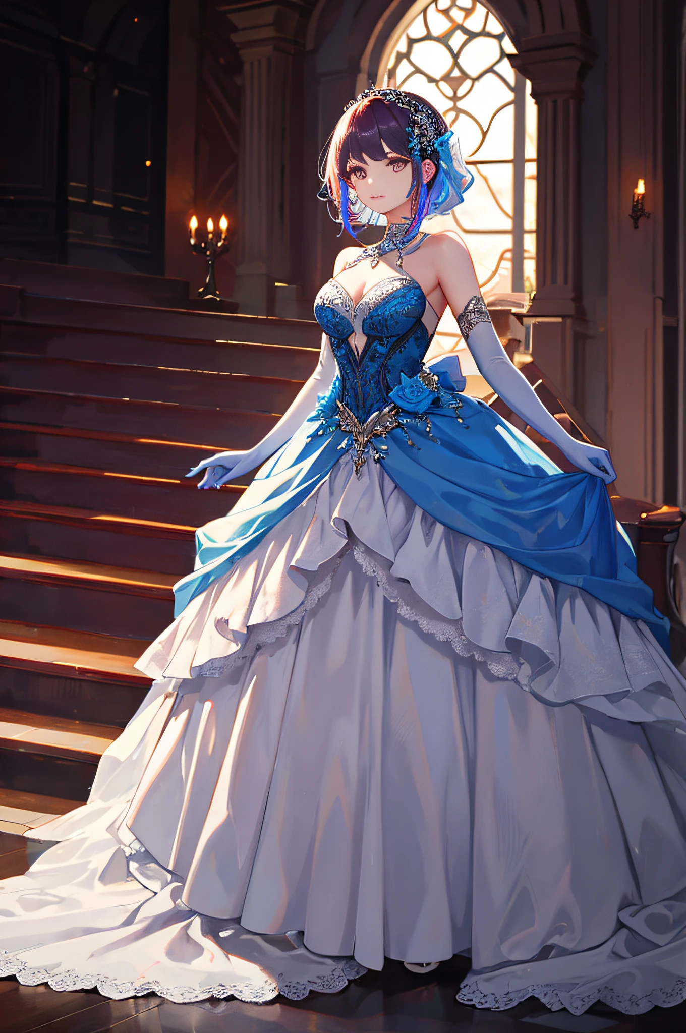 (masterpiece), (best quality), cinematic lighting, 1girl, full body, colorful (ballgown) without black color, elbow gloves, colorful legware, intricate beautiful face, in a ballroom