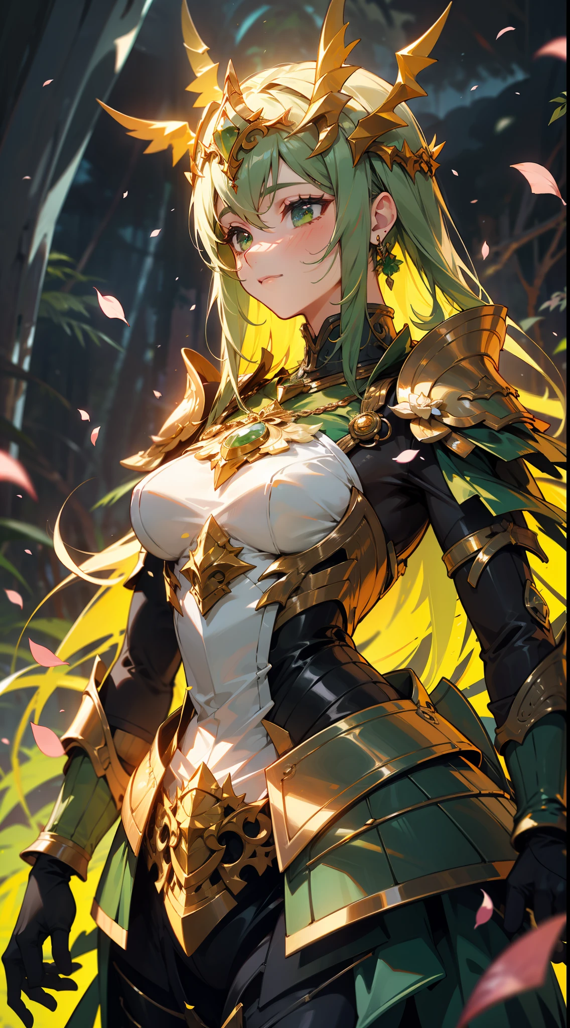 Uma deusa da floresta com uma coroa de flores, wearing green colored armor dressed with flower petals and bright jewelry, em uma floresta de folhas azuis, with cosmic sky