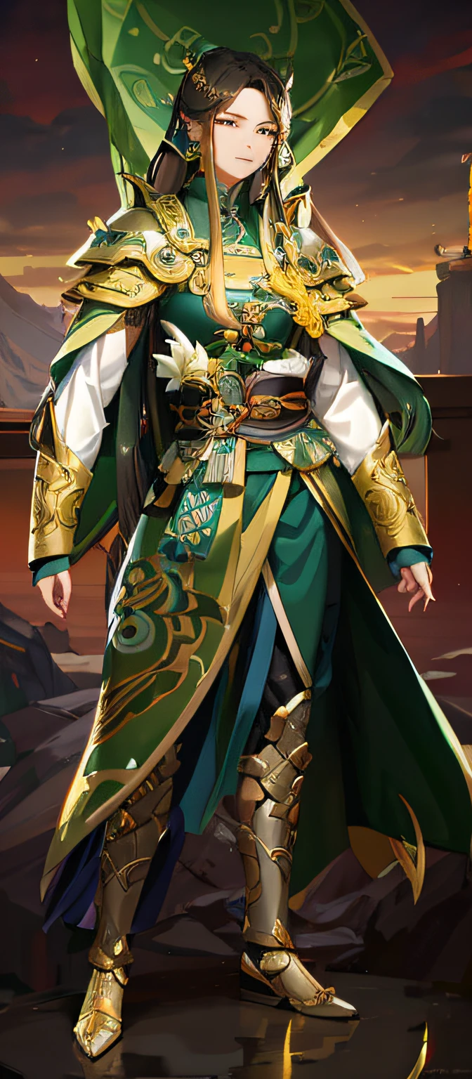 a close up of a person in a green and gold outfit, inspired by Huang Shen, guan yu, inspired by Ju Lian, inspired by Yang Jin, astri lohne, inspired by Du Jin, bian lian, inspired by Fan Kuan, heise jinyao, inspired by Shen Zhou, keqing from genshin impact, inspired by Lan Ying