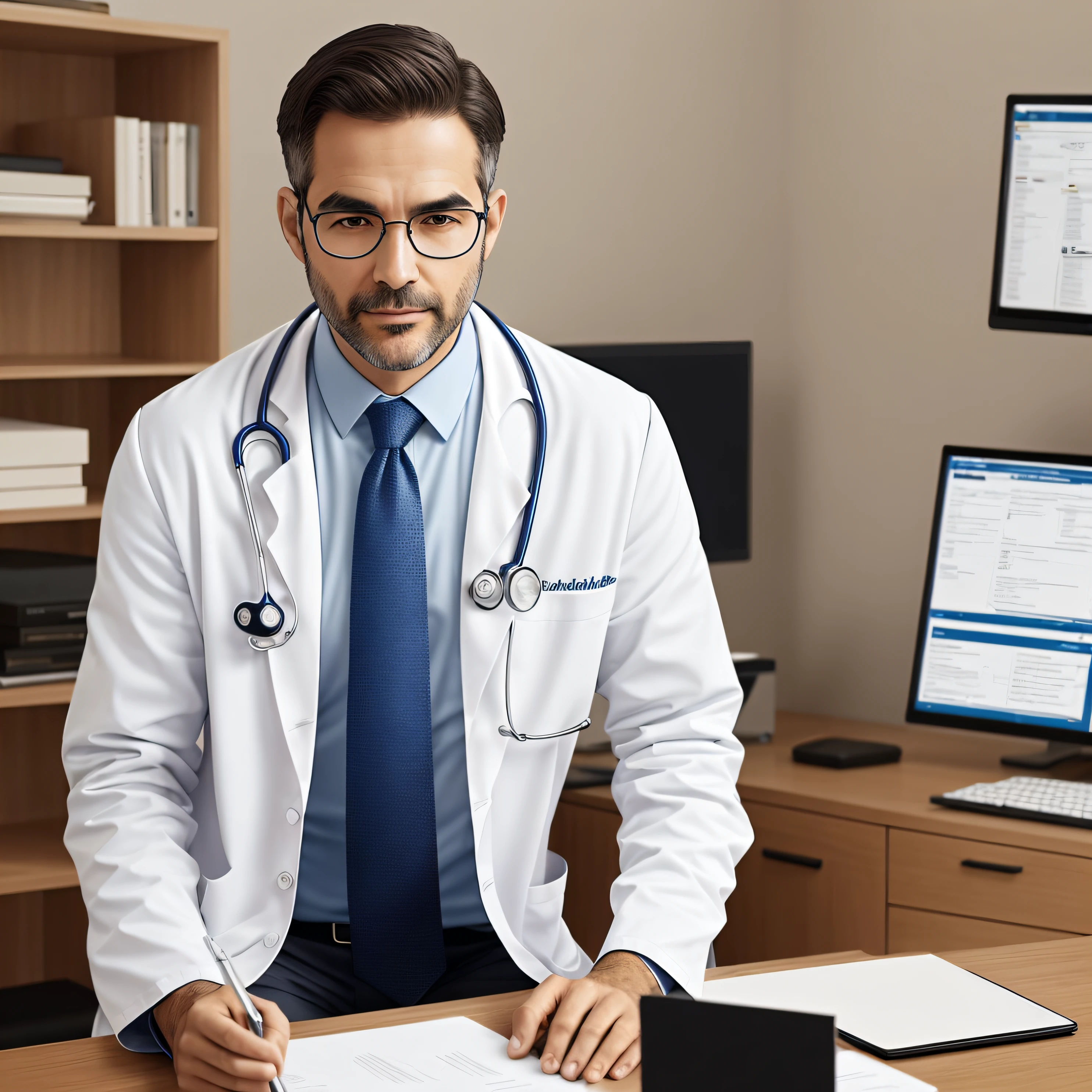 A doctor sitting in his office wearing a white lab coat with tie, ele tem a barba cheia e escura, and wears prescription glasses, ultra realistico, o mais real --auto