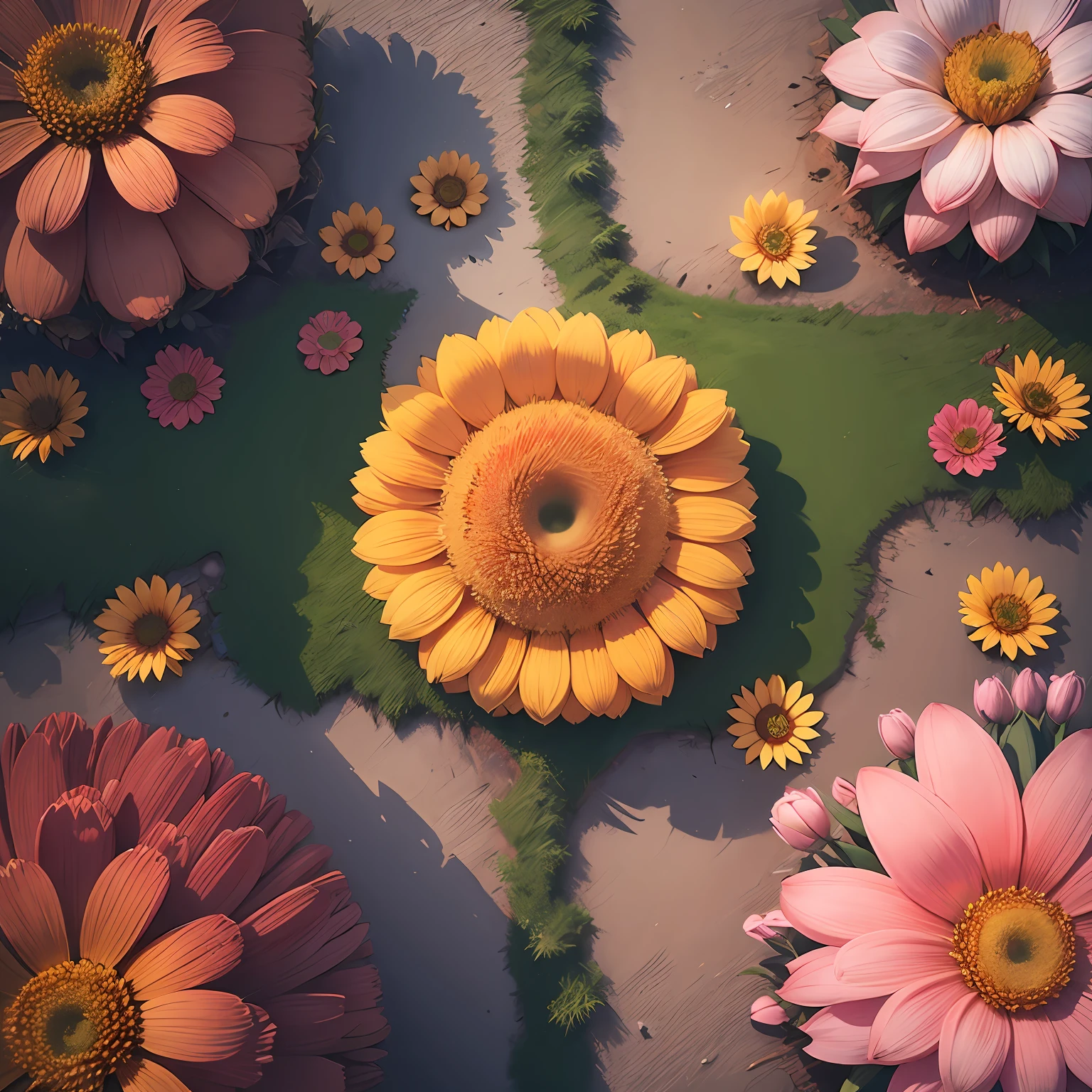 repeat flower  pattern, exceptionally high details, aerial view from above, centered, no people, nobody --auto