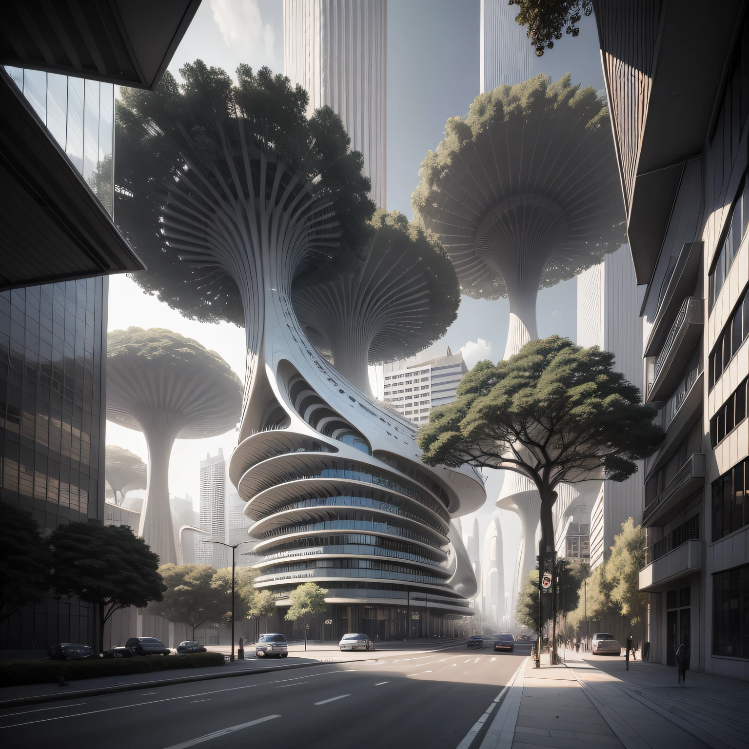 Futuristic architecture, arquitectura premiada, skyscraper architectureCity, photographic style, fotorrealismo, Alameda de Plátanos, Highly detailed dream building in the architectural styles of Oscar Niemeyer and Ernst Haeckel :: arquiteturacore :: High contrast wide avenue in front full of trees, plane trees