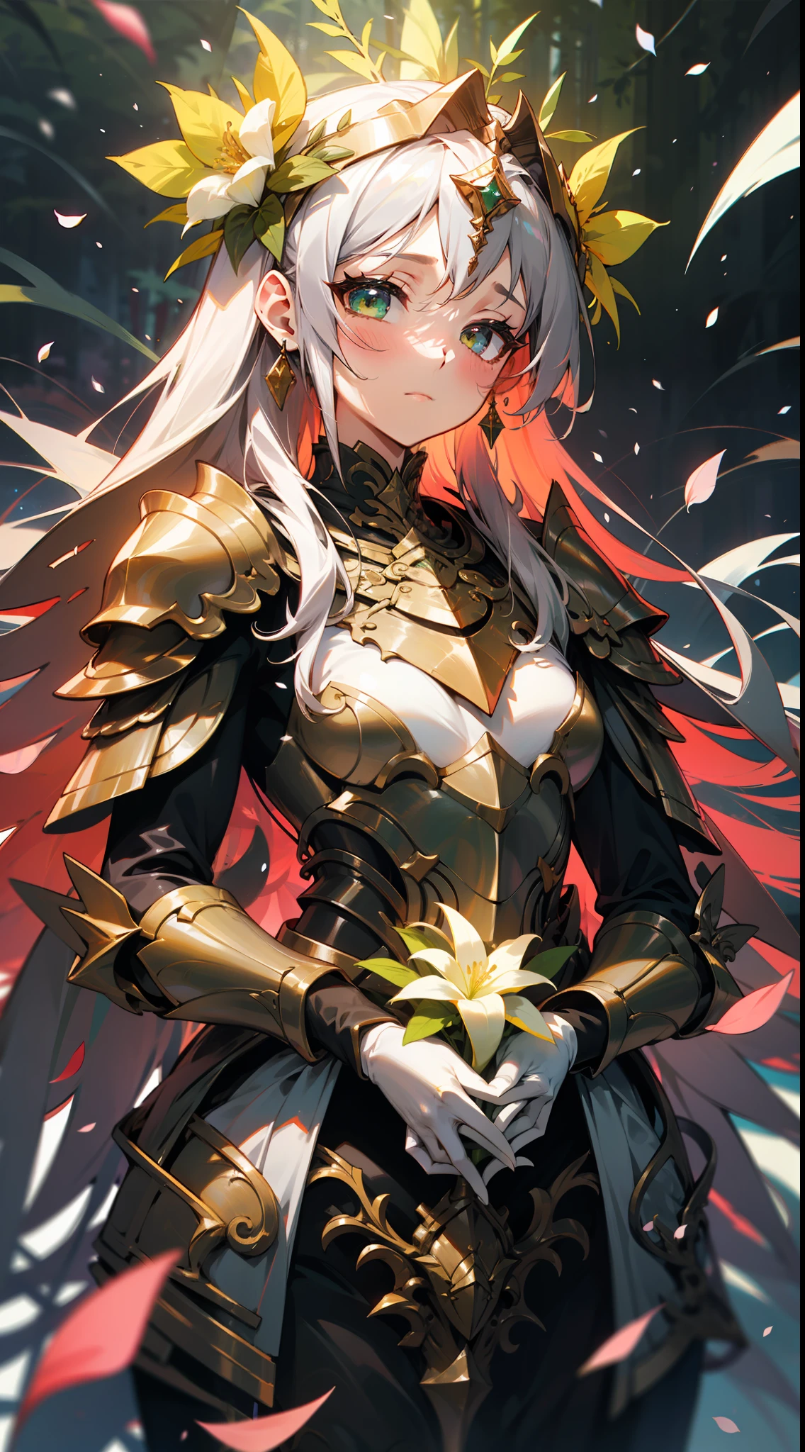 Uma deusa da floresta com uma coroa de flores, corpo inteiro, determined and confident expression, wearing colorful green armor with flower petals and shiny jewelry, em uma floresta de folhas azuis, with cosmic sky