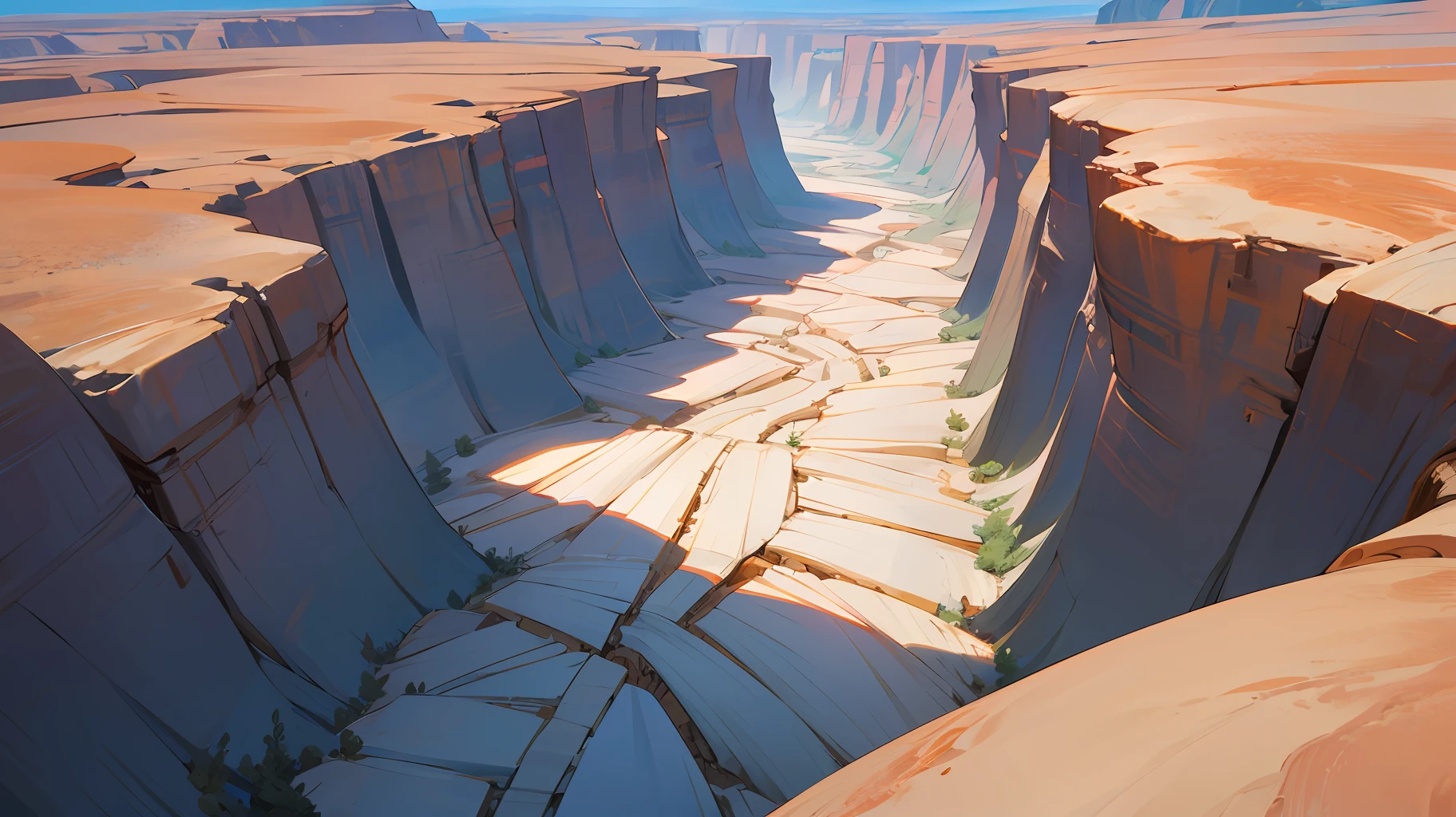 In the heart of a vast and ancient canyon, towering rock formations rise majestically against a backdrop of an endless cerulean sky. Carved by the forces of nature over millennia, the canyon walls reveal intricate layers of sediment and vibrant hues, painting a breathtaking portrait of geological history. A gentle river winds its way through the canyon floor, carving a path amidst the rugged beauty. As you stand on the canyon rim, you are humbled by the sheer magnitude of this natural masterpiece, a testament to the Earth's timeless artistry. A masterpiece, 8K, best quality, ultra-detailed, cinematic beautiful lighting, intricate details, looking at viewer, depth of field -