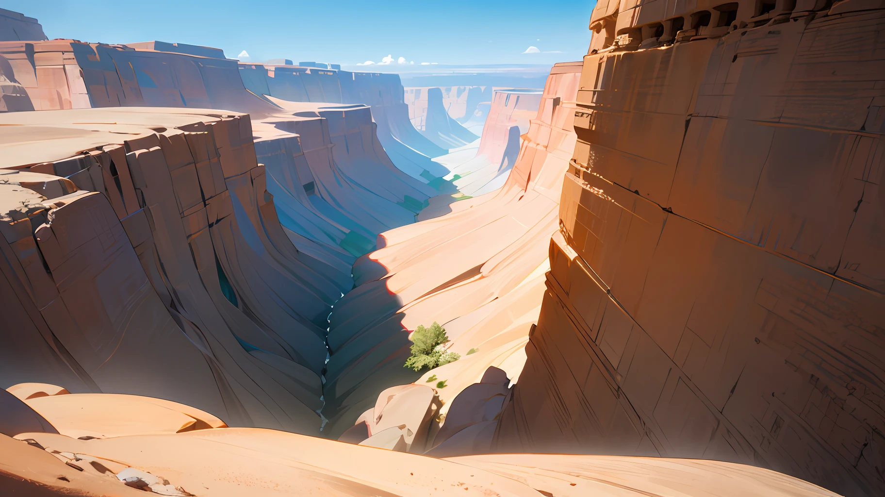 In the heart of a vast and ancient canyon, towering rock formations rise majestically against a backdrop of an endless cerulean sky. Carved by the forces of nature over millennia, the canyon walls reveal intricate layers of sediment and vibrant hues, painting a breathtaking portrait of geological history. A gentle river winds its way through the canyon floor, carving a path amidst the rugged beauty. As you stand on the canyon rim, you are humbled by the sheer magnitude of this natural masterpiece, a testament to the Earth's timeless artistry. A masterpiece, 8K, best quality, ultra-detailed, cinematic beautiful lighting, intricate details, looking at viewer, depth of field -