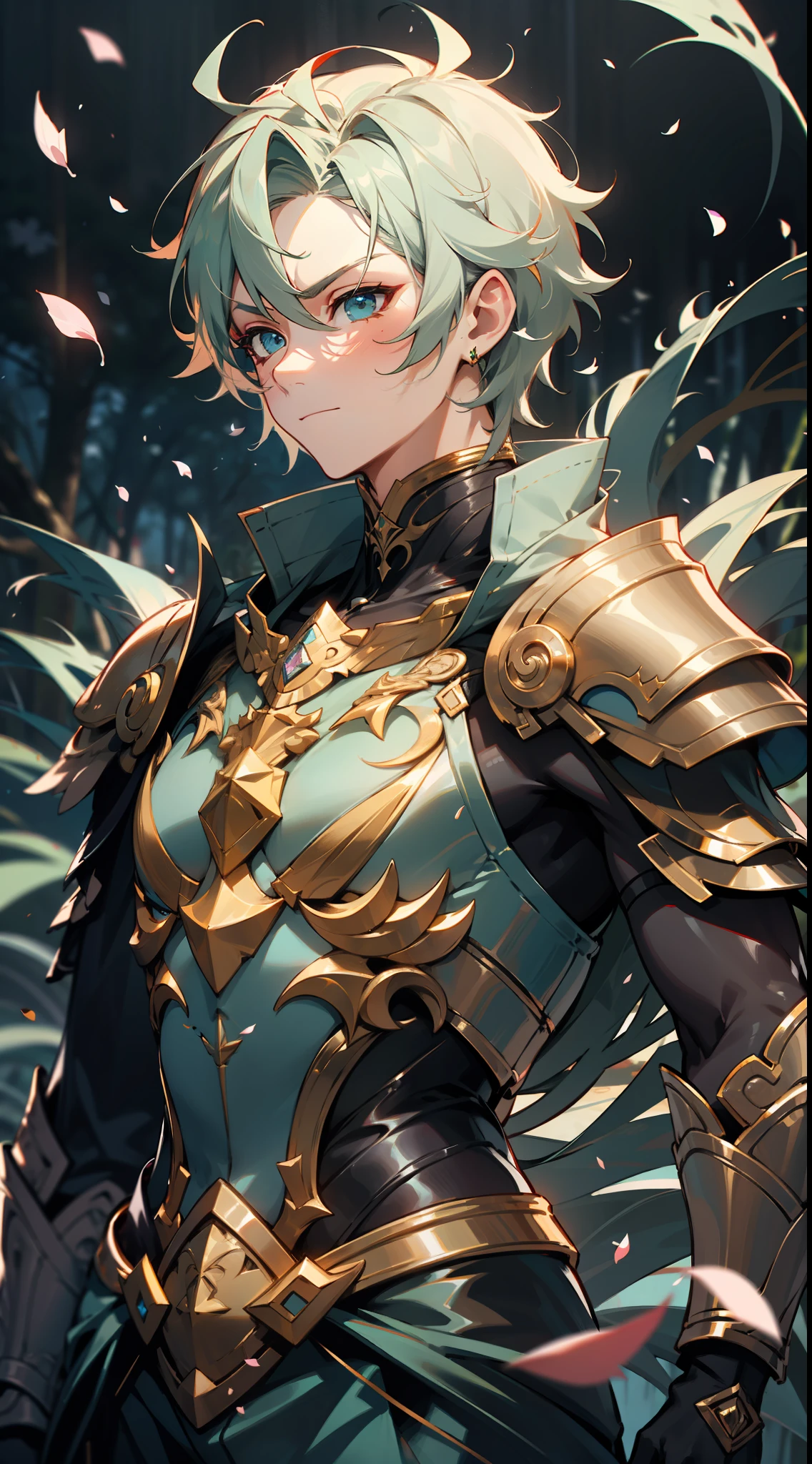 Uma deusa da floresta com uma coroa de flores, corpo inteiro, determined and confident expression, serious guy, wearing colorful blue armor with flower petals and bright jewelry, em uma floresta de folhas azuis, with cosmic sky